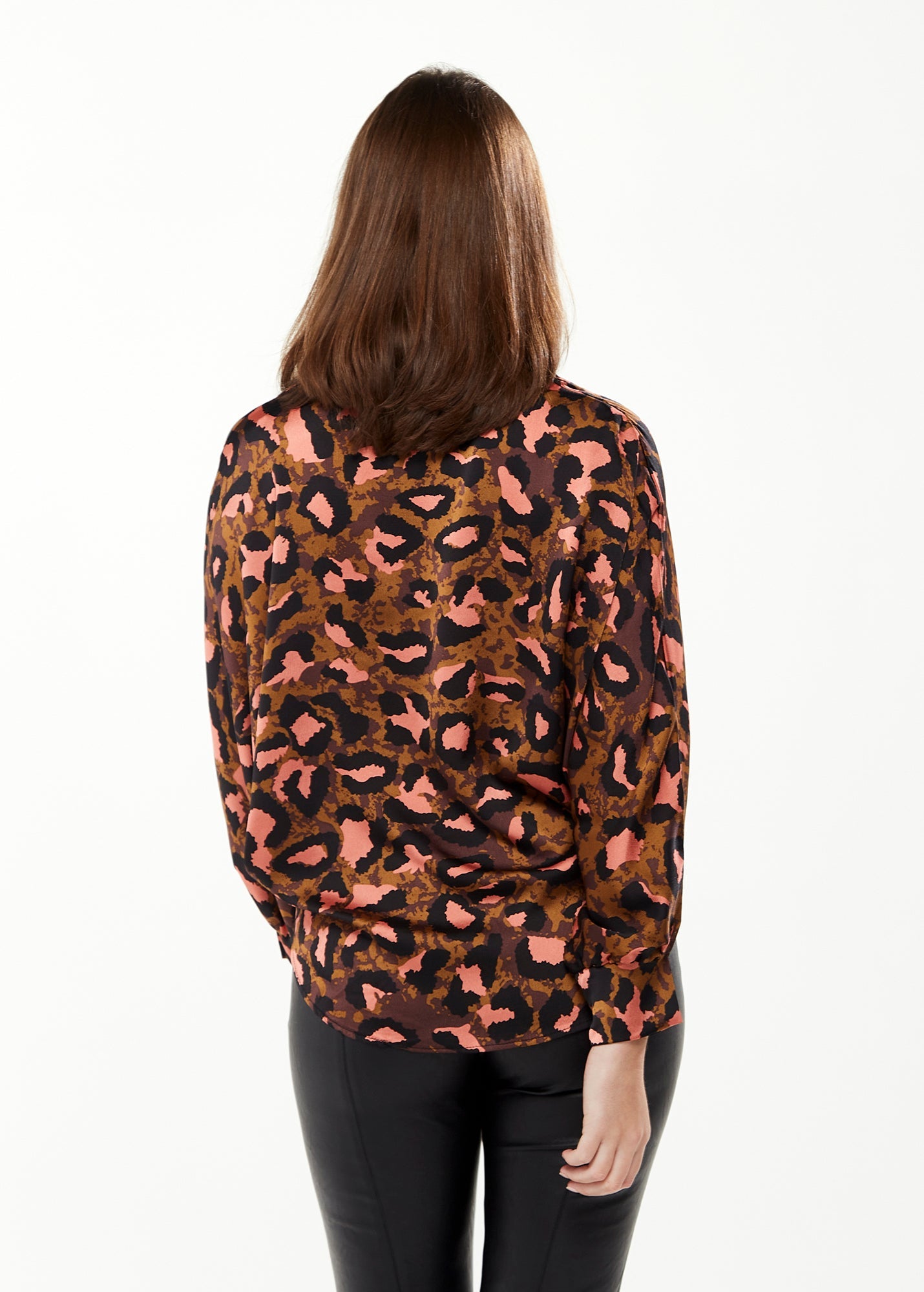 Women's Divine Grace Blouse with Front Tie in Brown & Coral Leopard Print - Long Sleeve, Button Front, Collar, Cuffs