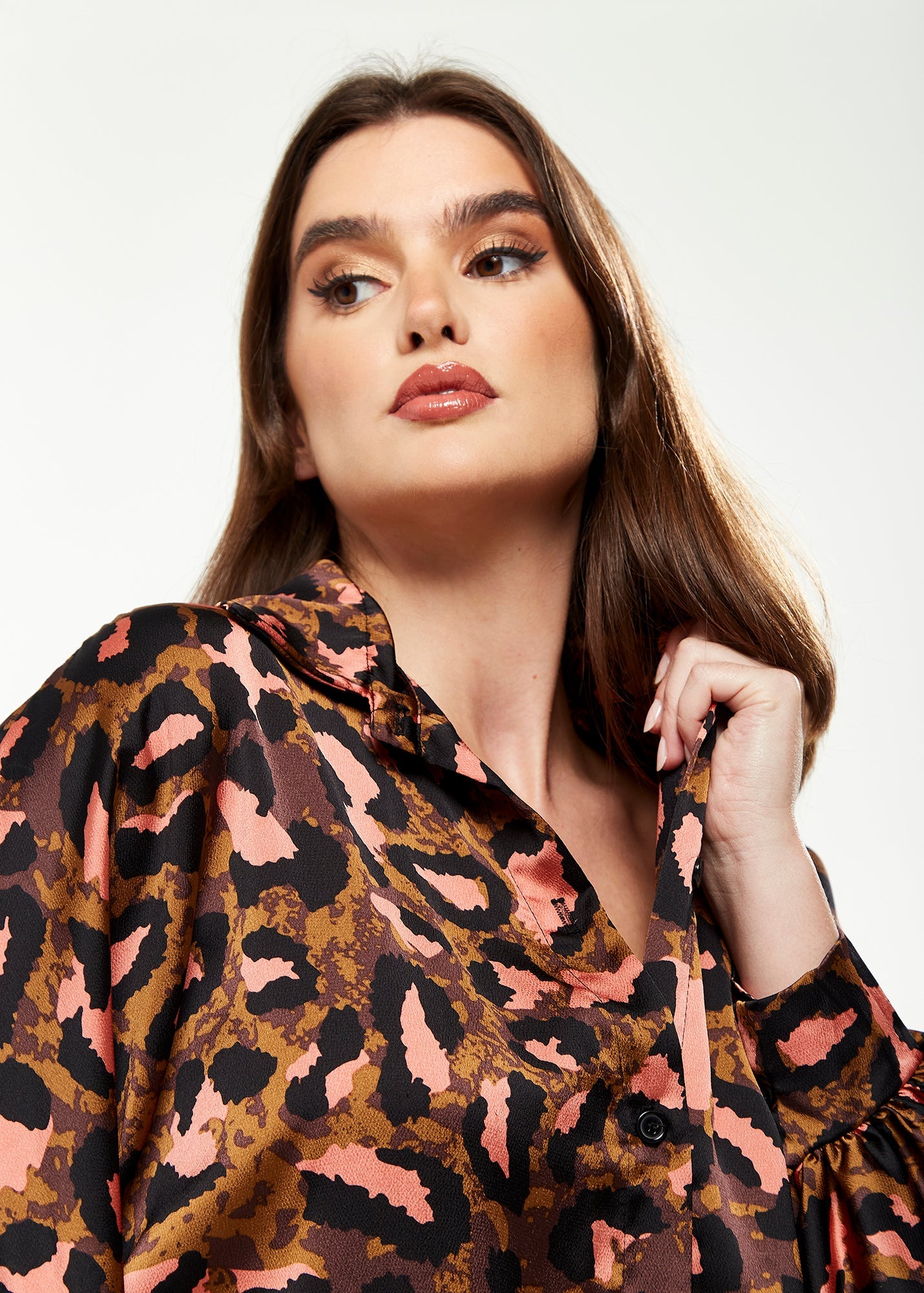 Women's Divine Grace Blouse with Front Tie in Brown & Coral Leopard Print - Long Sleeve, Button Front, Collar, Cuffs