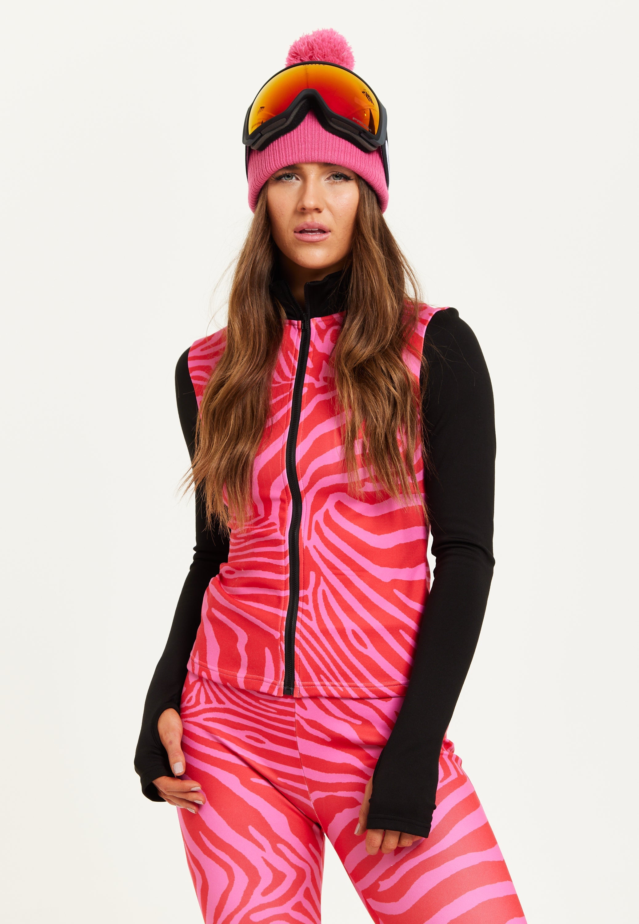 Women's Ski Base Layer Top in Pink Zebra Print with Zip Fastening, Regular Fit, and Thumbhole Cuffs for Comfort