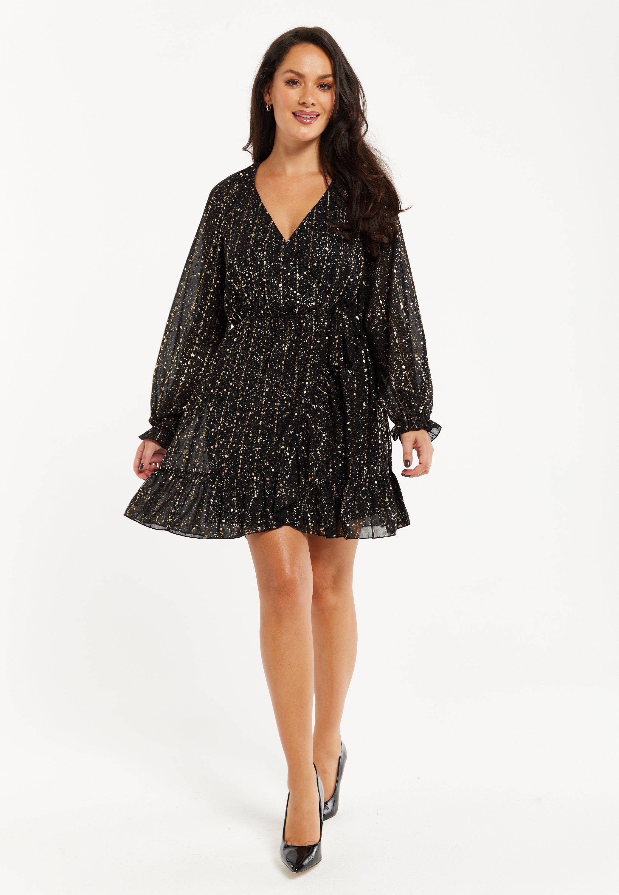Women's Mini Dress with Long Sleeves in Gold Chiffon - Stylish Wrap Design, Perfect for Any Occasion - Liquorish