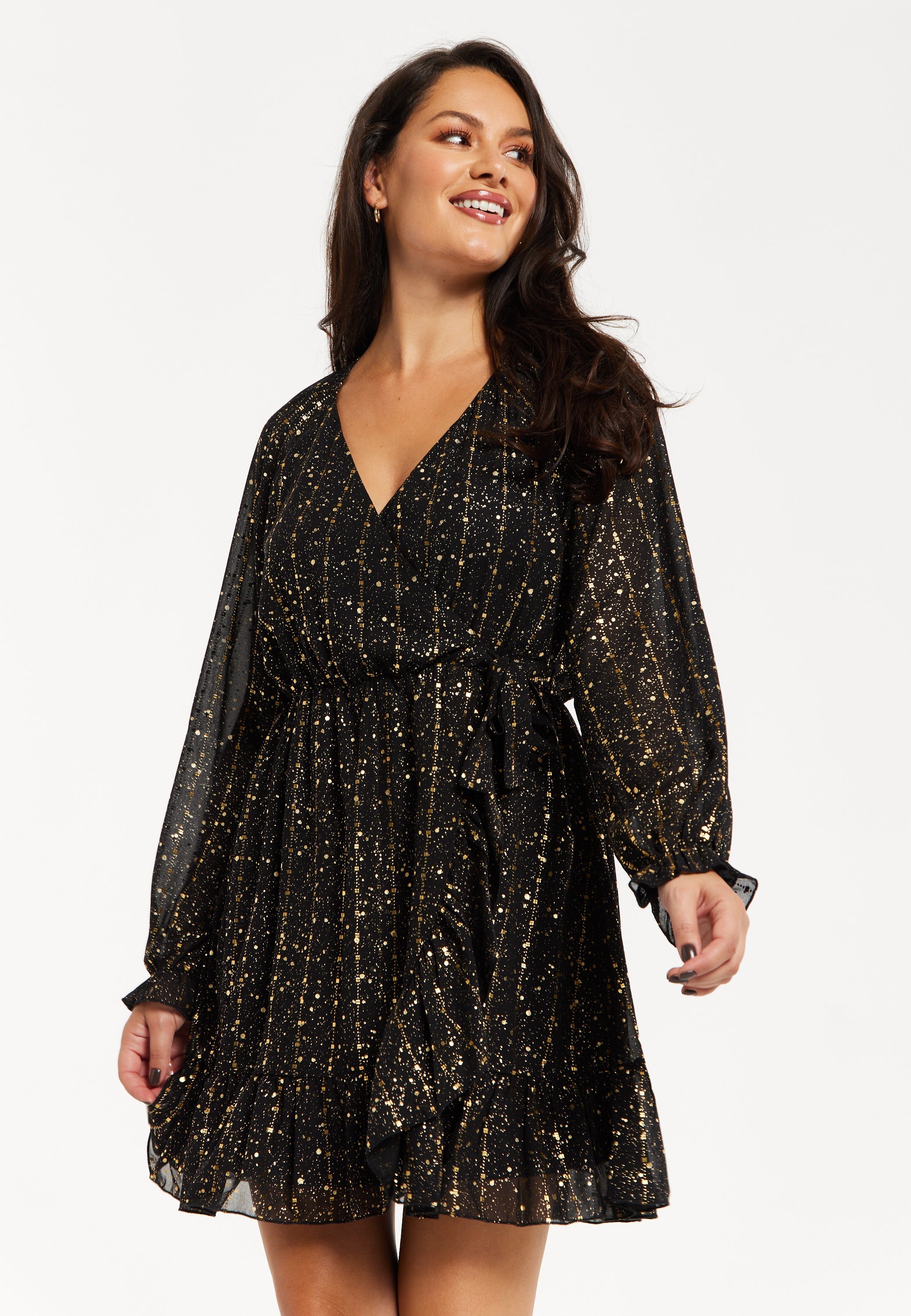 Women's Mini Dress with Long Sleeves in Gold Chiffon - Stylish Wrap Design, Perfect for Any Occasion - Liquorish