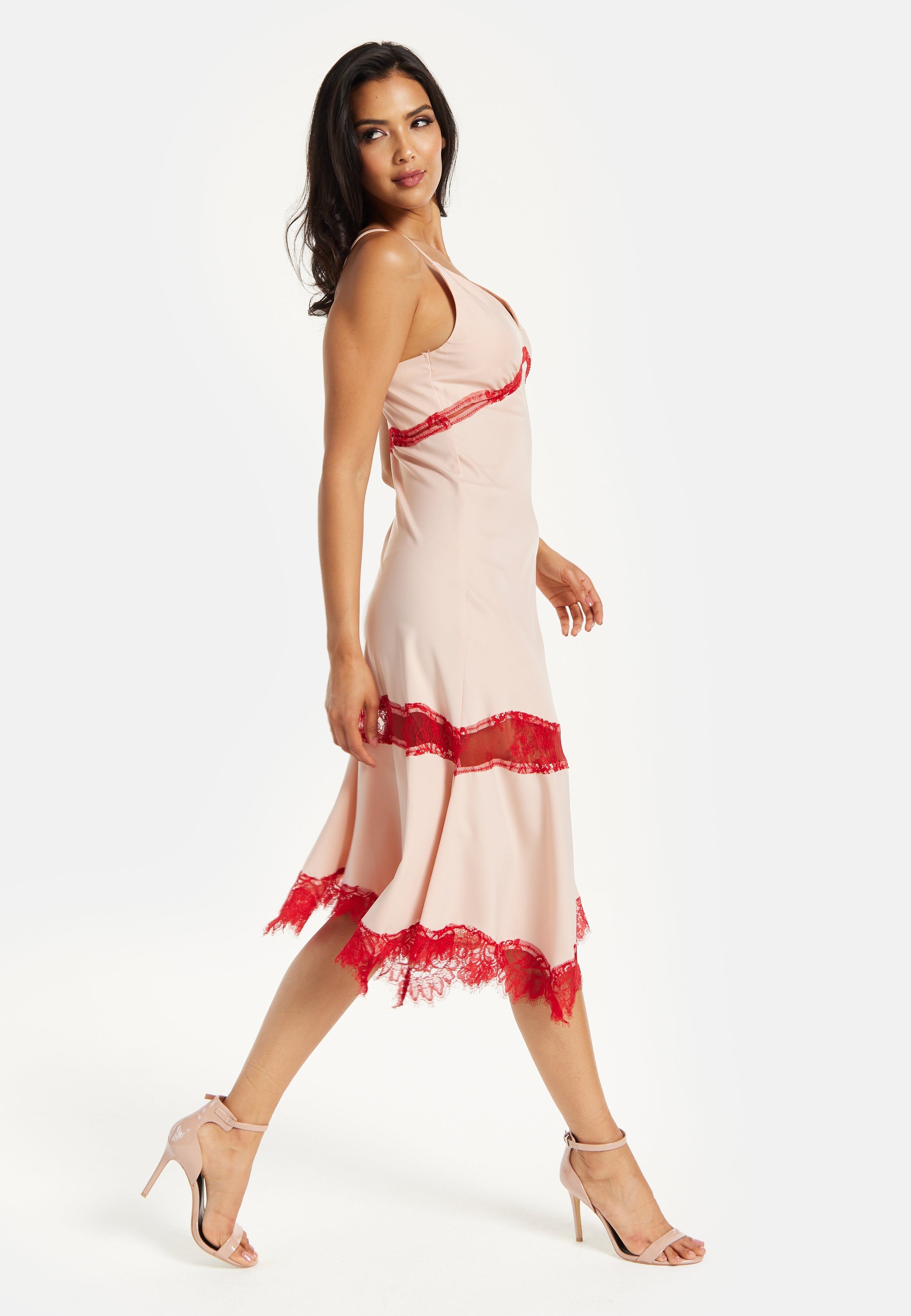 Liquorish Blush Midi Dress with Red Lace Trim