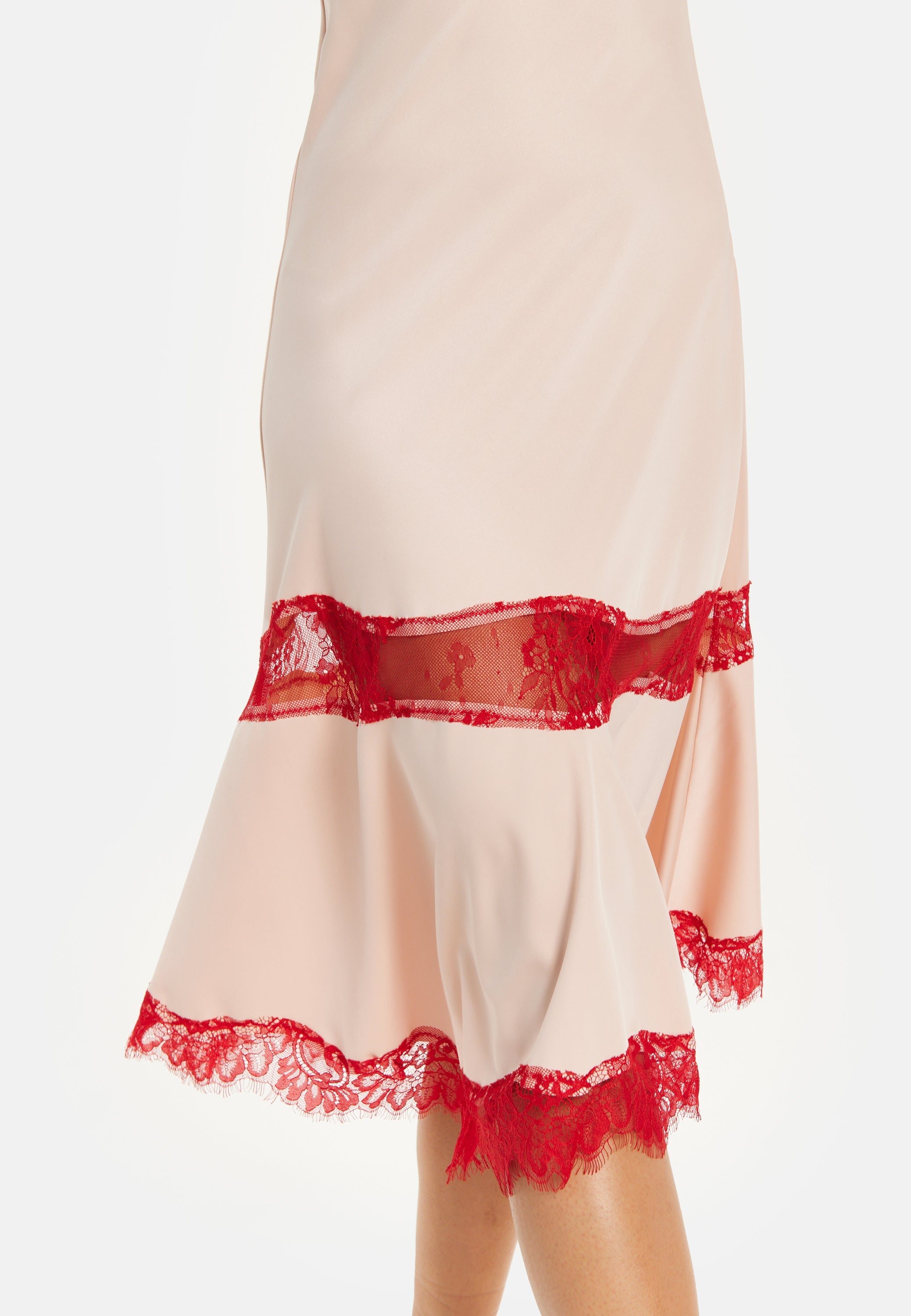 Liquorish Blush Midi Dress with Red Lace Trim