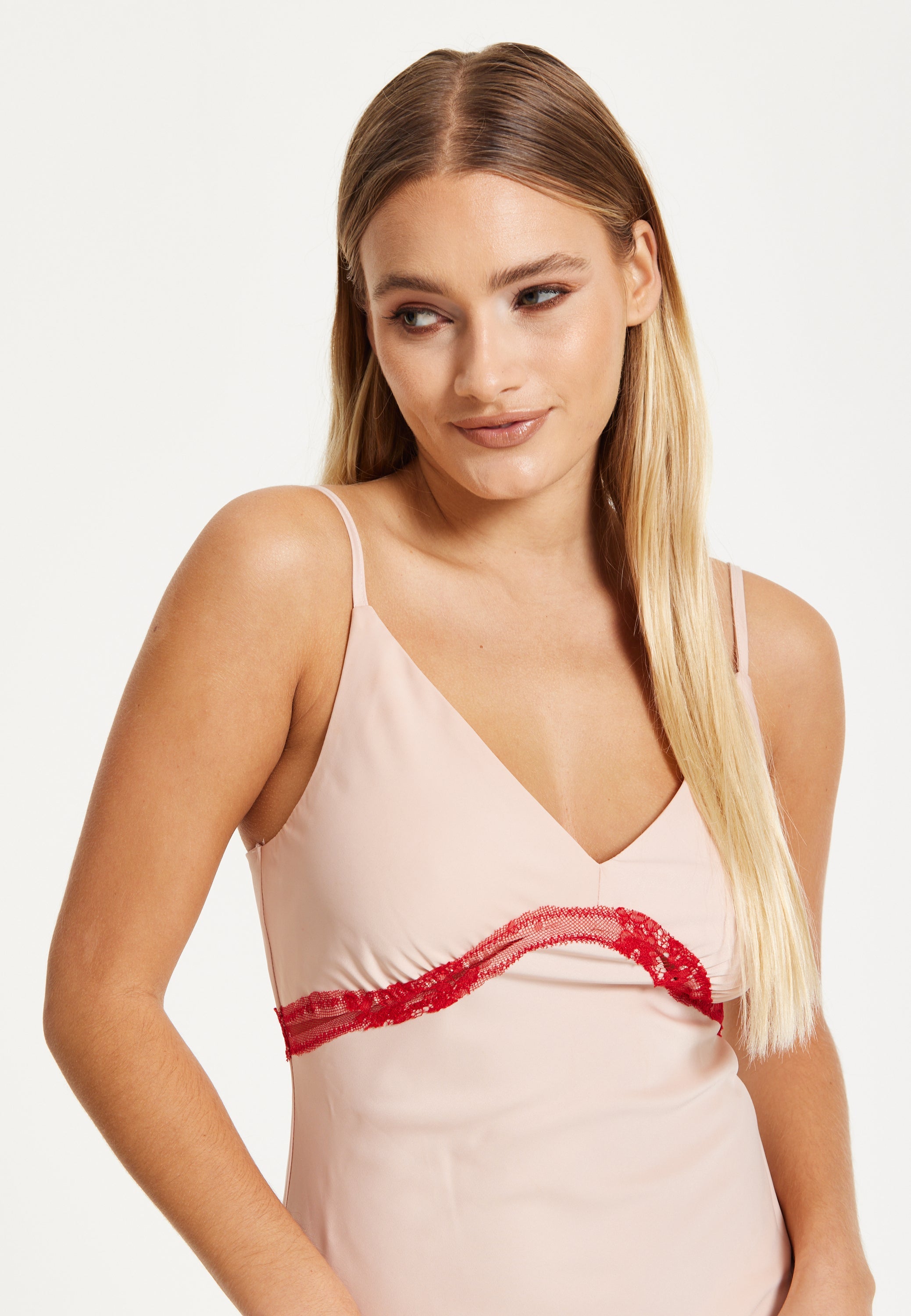 Liquorish Blush Midi Dress with Red Lace Trim