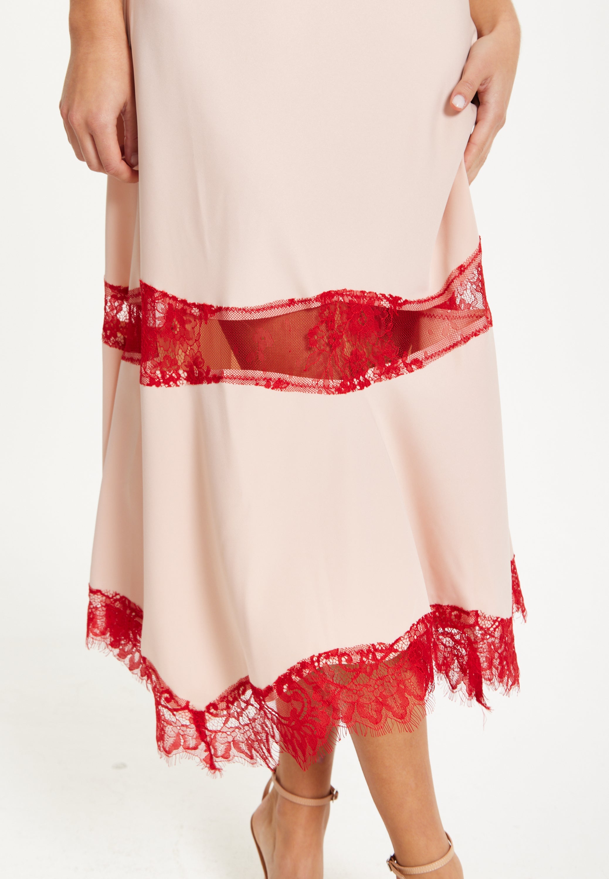 Liquorish Blush Midi Dress with Red Lace Trim