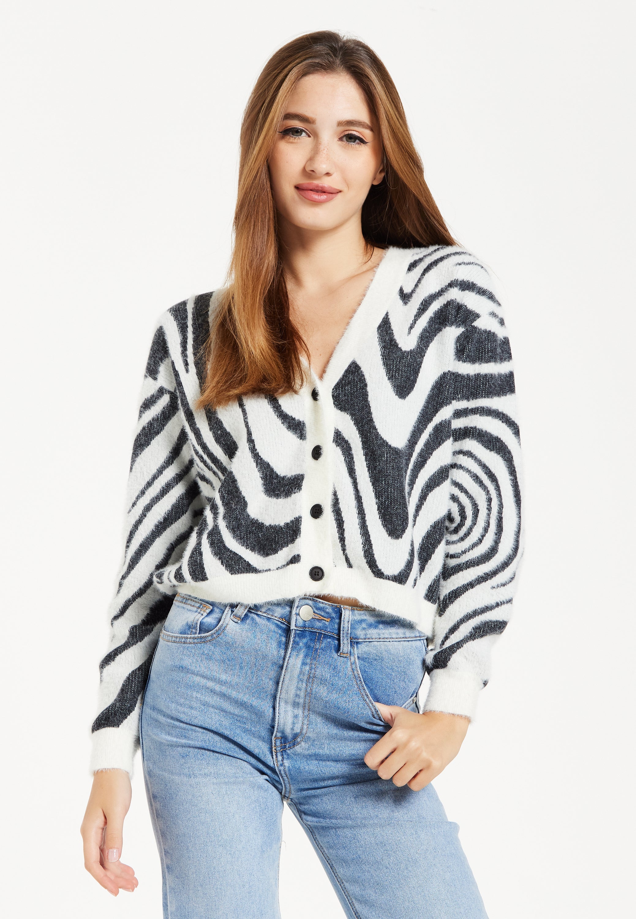 Women's Cardigan - Fluffy Black and White Cropped with Long Sleeves, Button-Up Design, by Liquorish