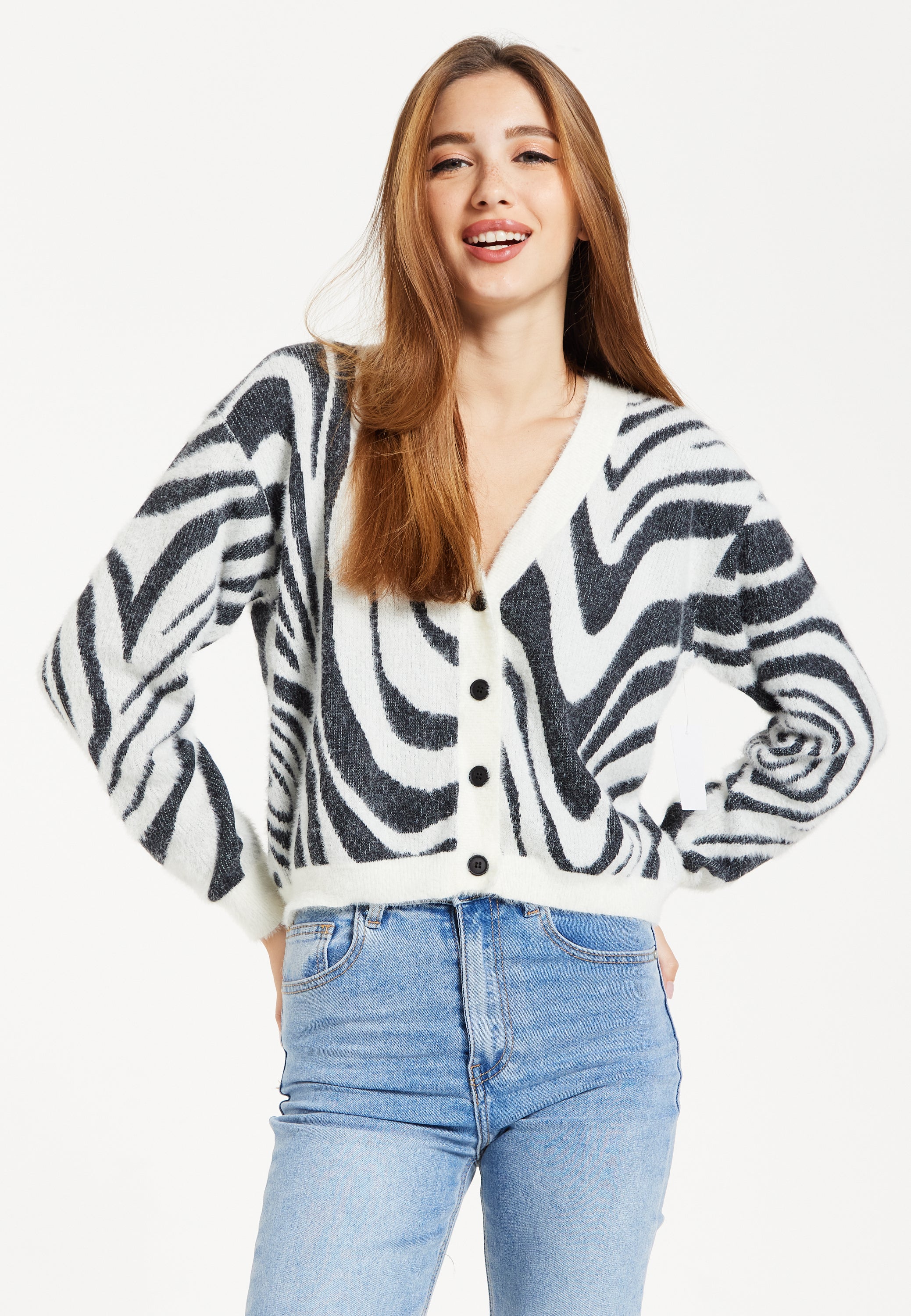 Women's Cardigan - Fluffy Black and White Cropped with Long Sleeves, Button-Up Design, by Liquorish