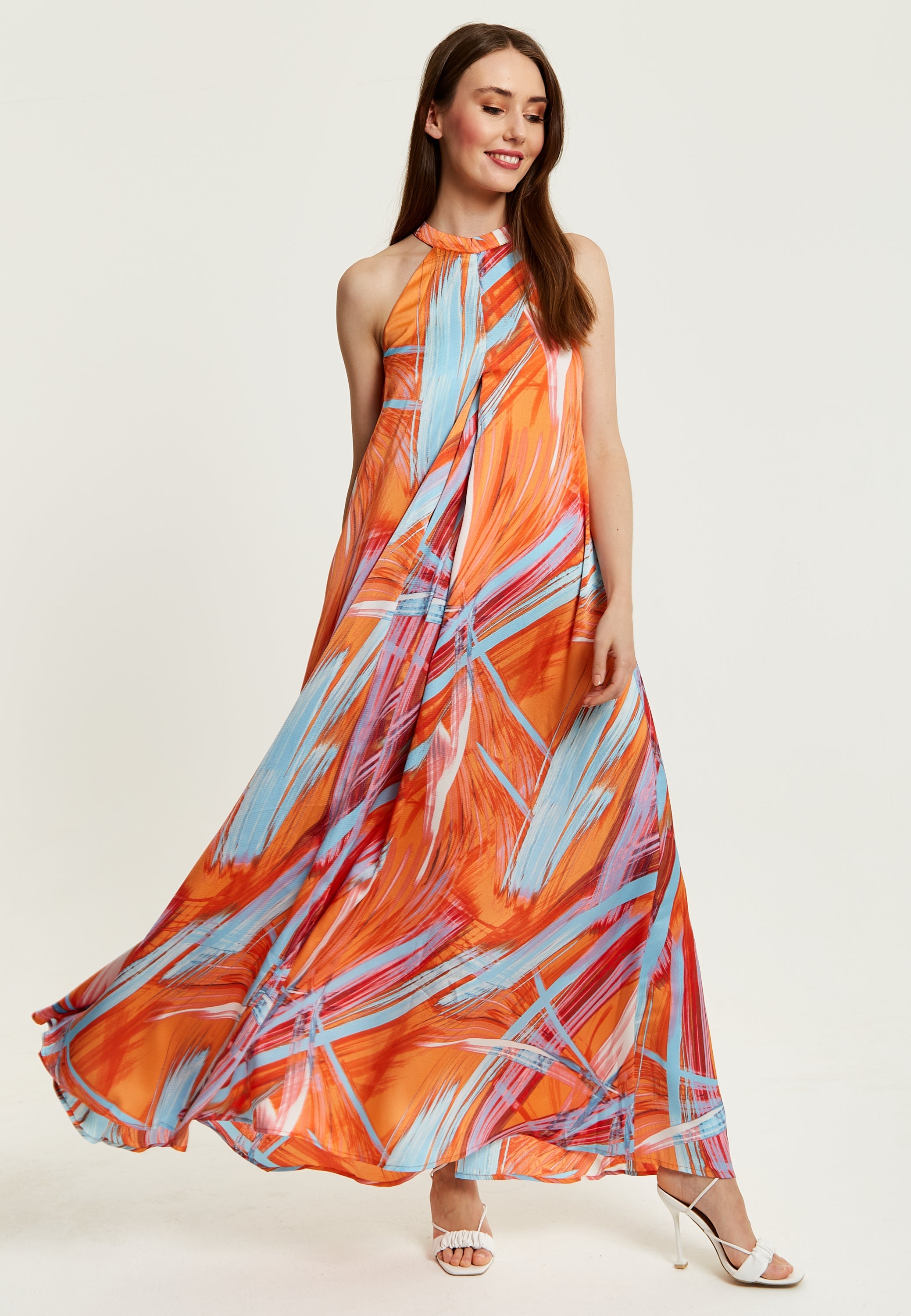 Women’s Maxi Dress in Vibrant Orange with High Neck and Sleeveless Design - Liquorish