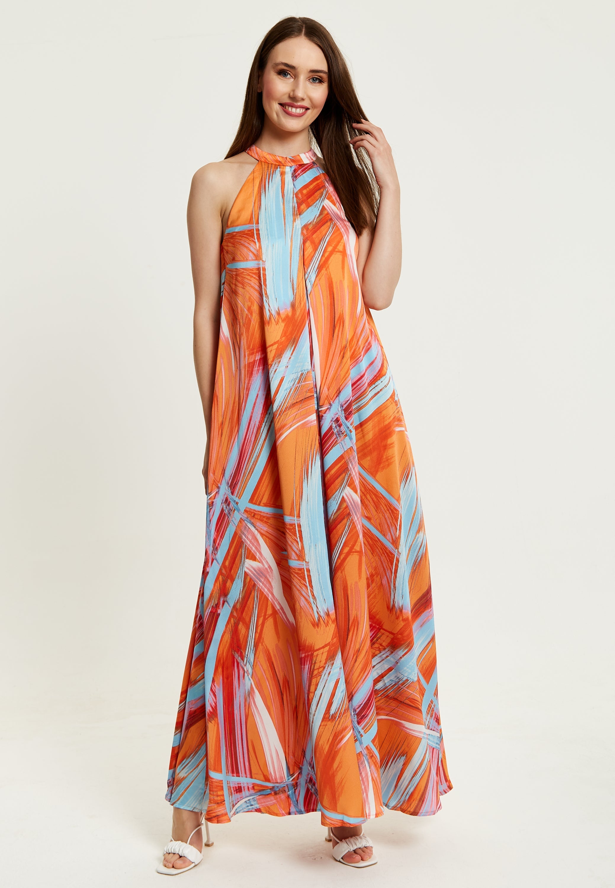 Women’s Maxi Dress in Vibrant Orange with High Neck and Sleeveless Design - Liquorish