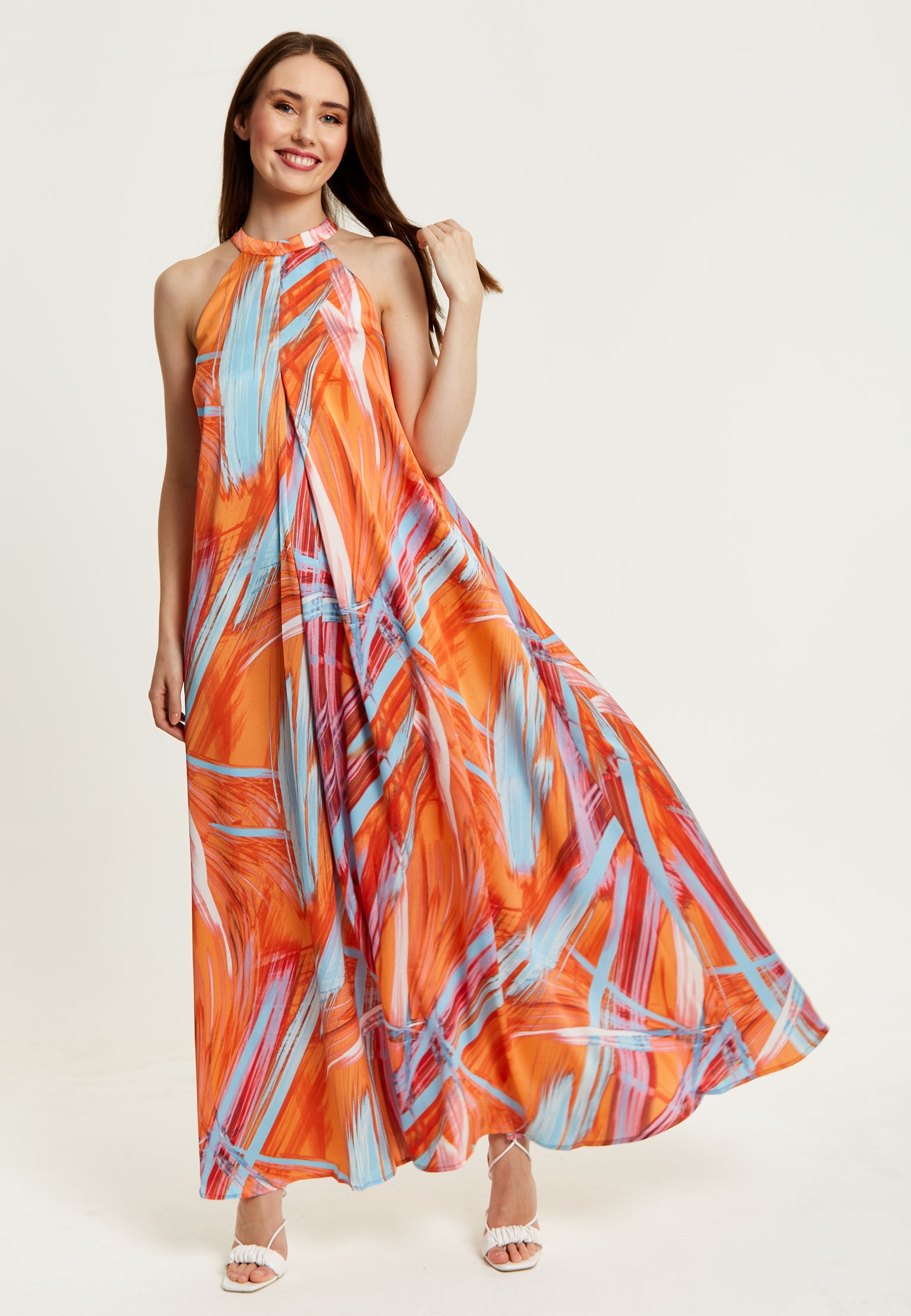 Women’s Maxi Dress in Vibrant Orange with High Neck and Sleeveless Design - Liquorish