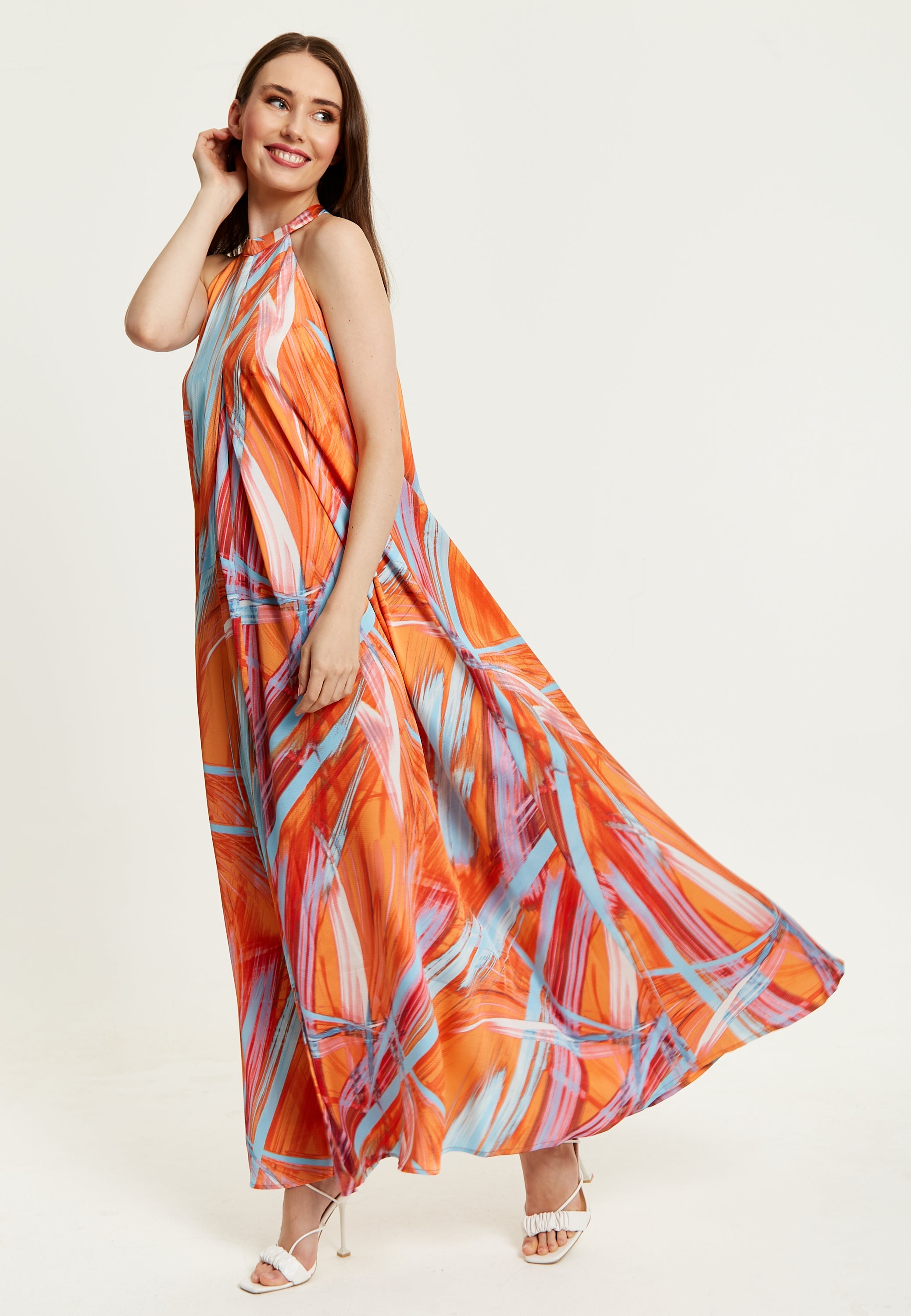 Women’s Maxi Dress in Vibrant Orange with High Neck and Sleeveless Design - Liquorish