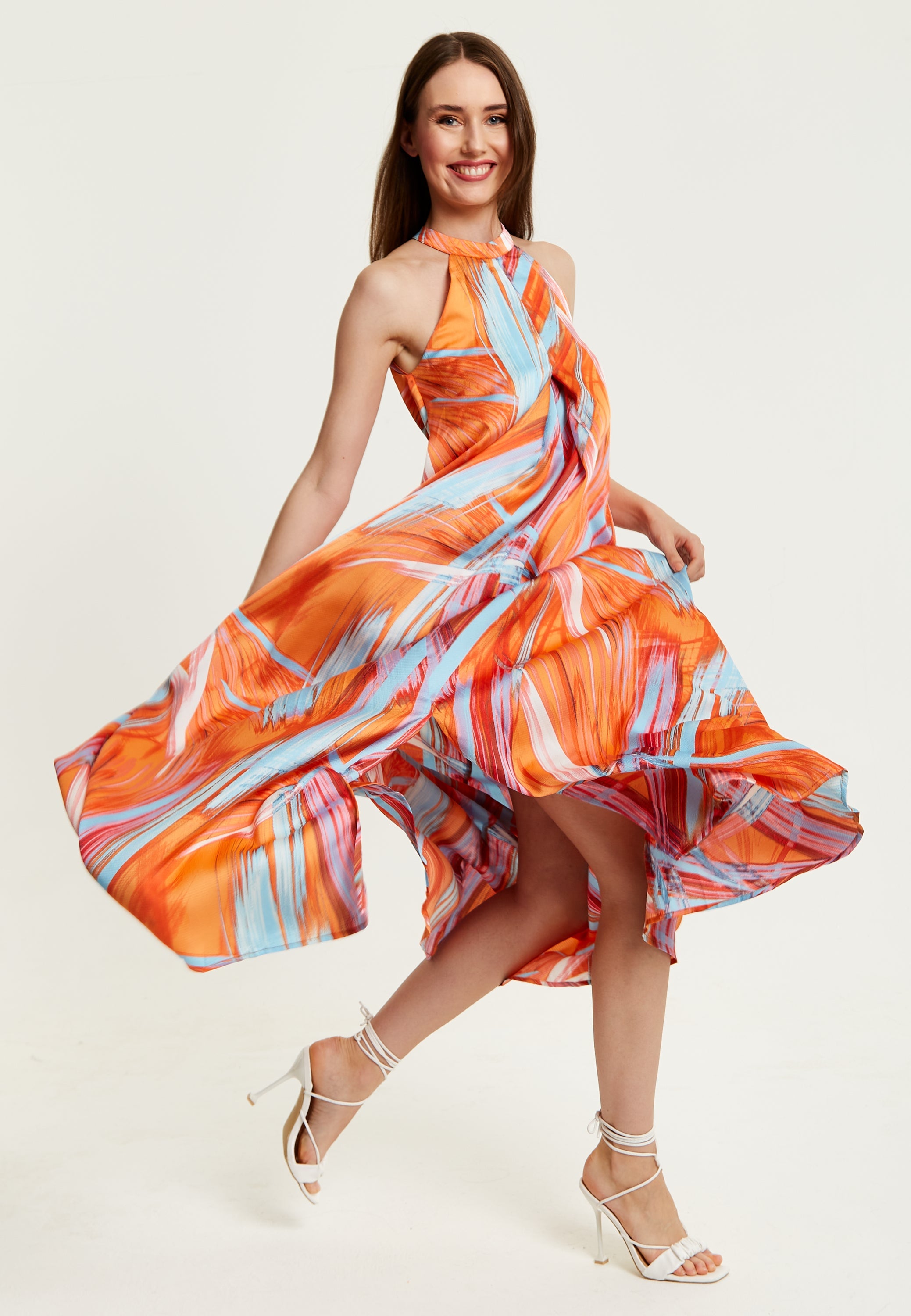 Women’s Maxi Dress in Vibrant Orange with High Neck and Sleeveless Design - Liquorish