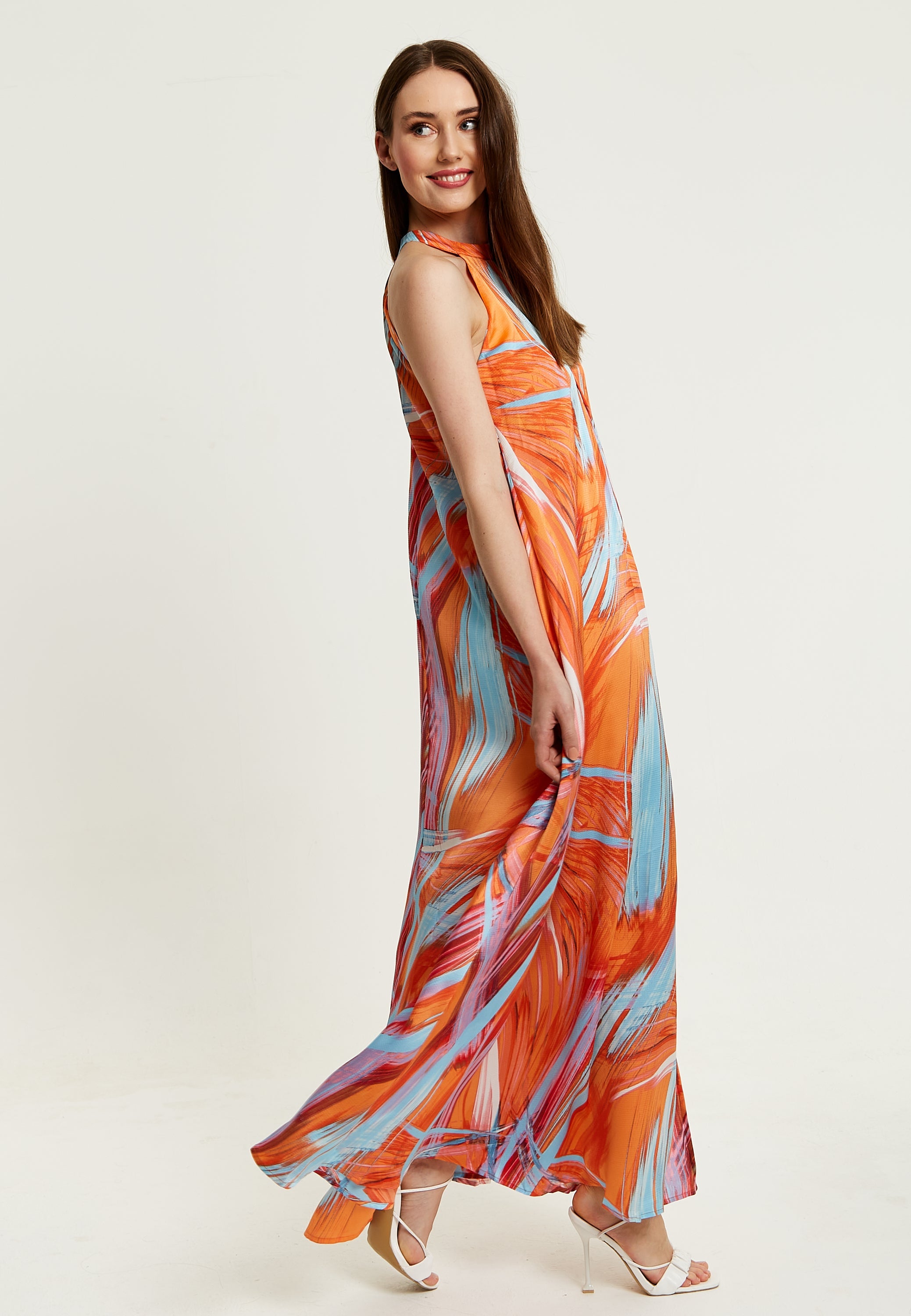 Women’s Maxi Dress in Vibrant Orange with High Neck and Sleeveless Design - Liquorish