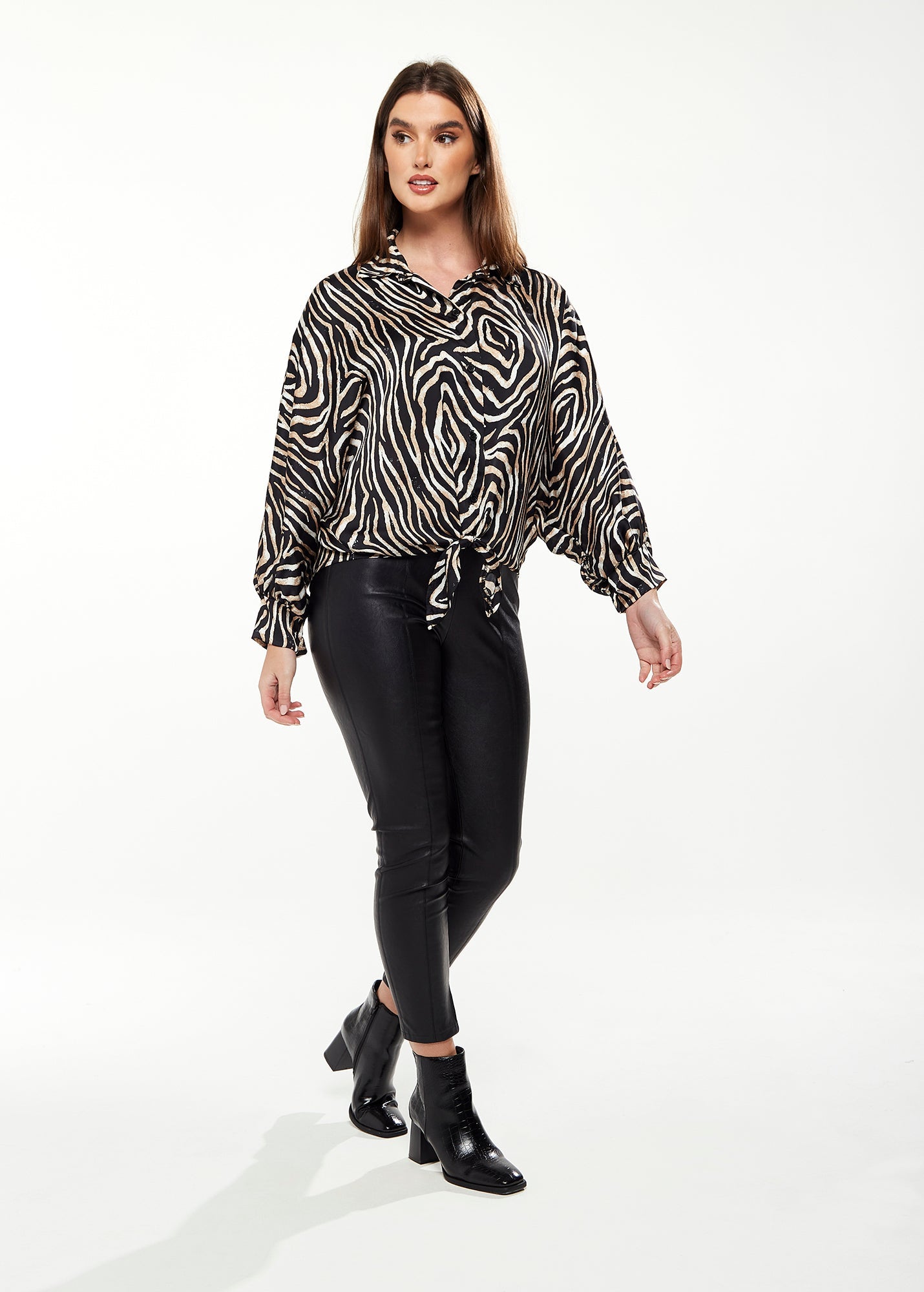 Women's Graceful Zebra Print Blouse with Front Waist Tie, Long Sleeves, Collared Neck, Button Front, Size 8/14