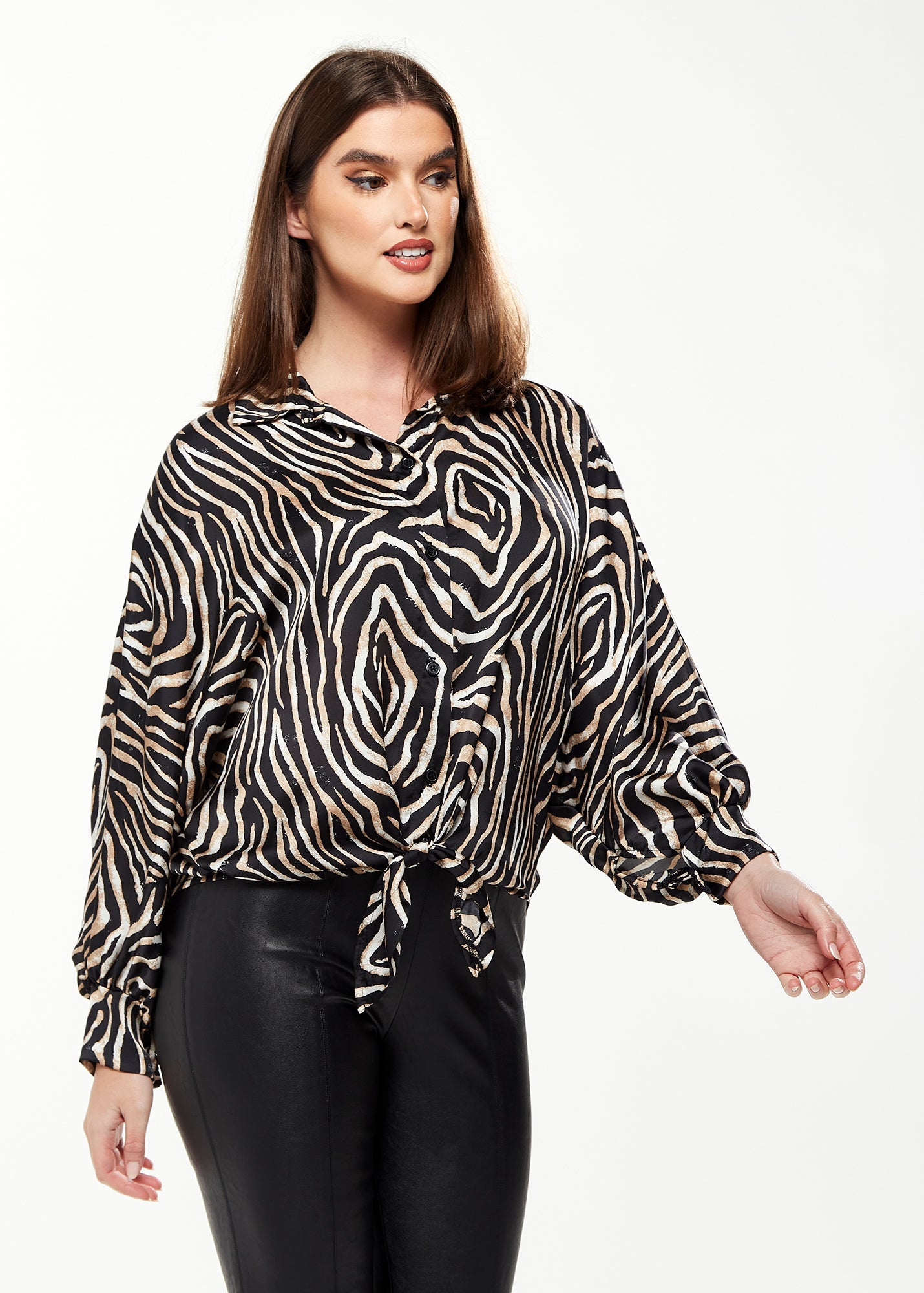 Women's Graceful Zebra Print Blouse with Front Waist Tie, Long Sleeves, Collared Neck, Button Front, Size 8/14