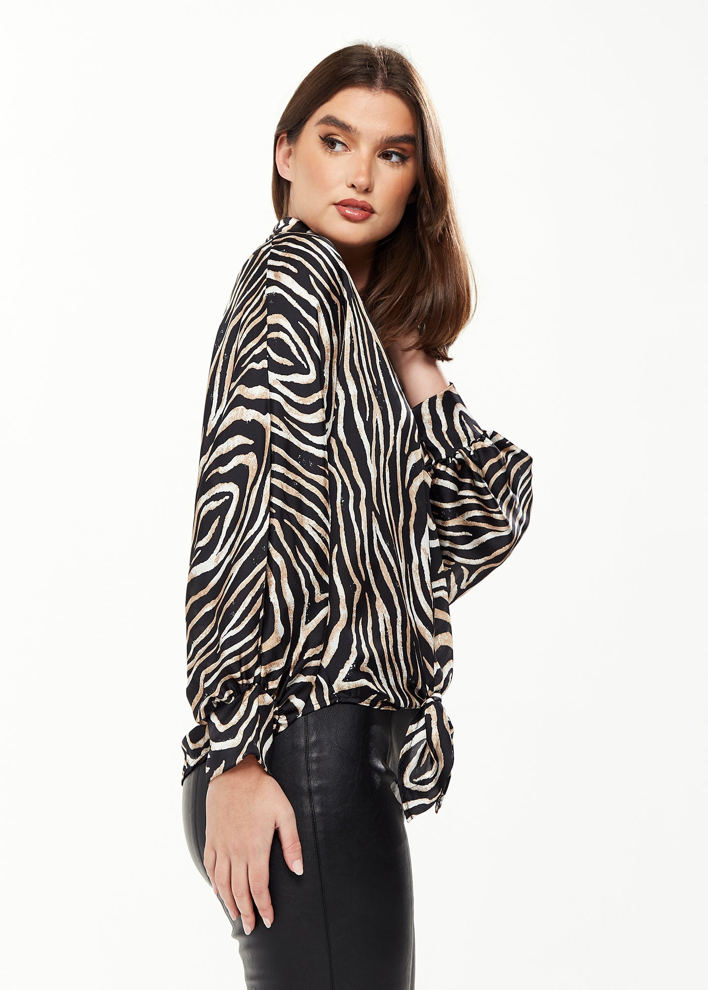 Women's Graceful Zebra Print Blouse with Front Waist Tie, Long Sleeves, Collared Neck, Button Front, Size 8/14