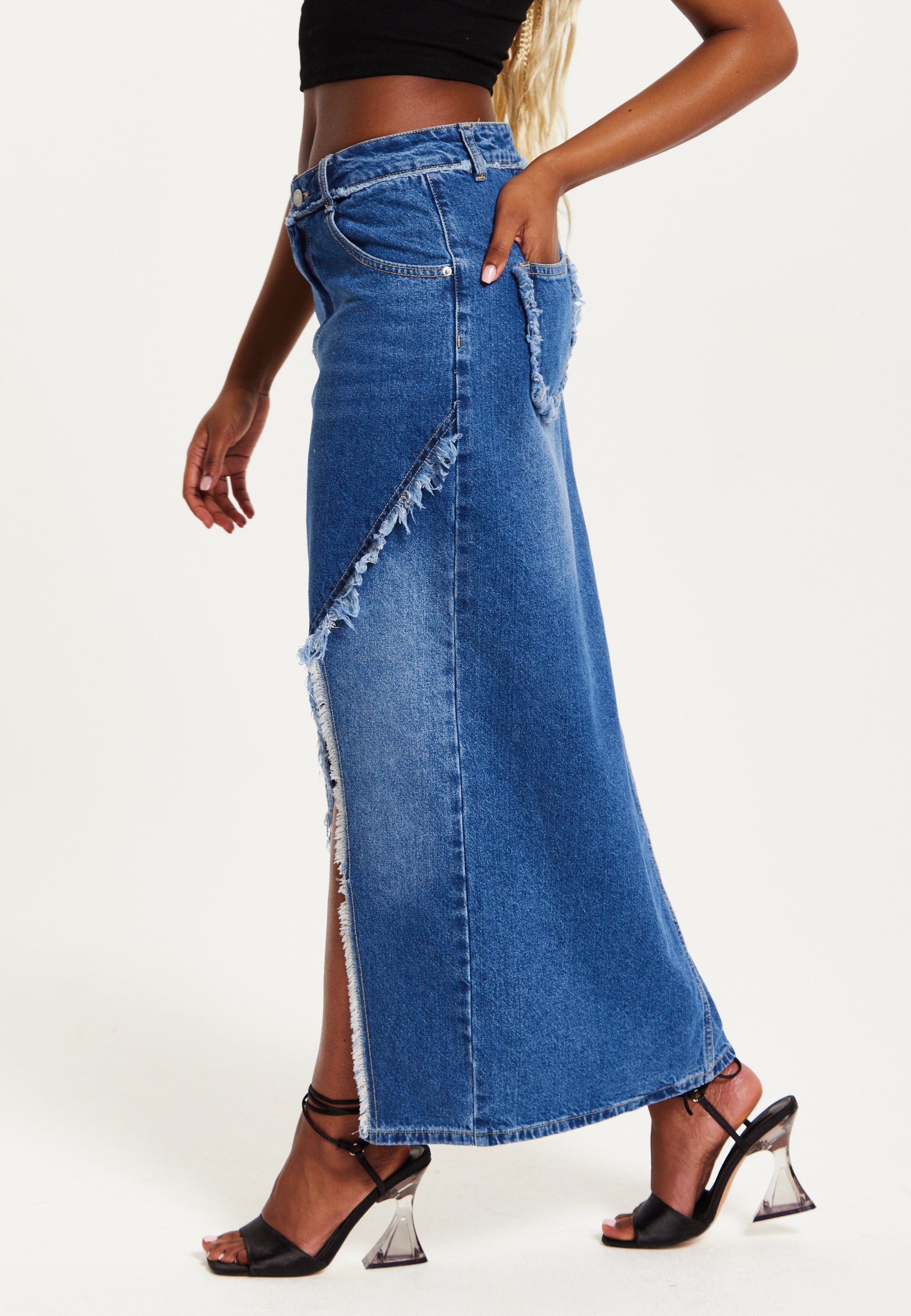 Women's Blue Wrap Front Maxi Denim Skirt with Slit Detail and Belt Loops - 100% Cotton by Liquorish
