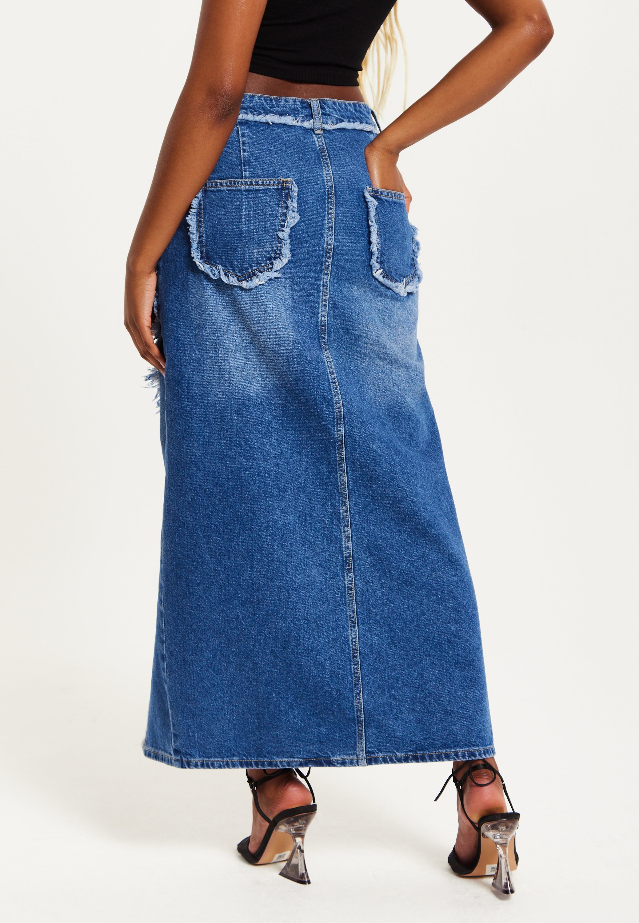 Women's Blue Wrap Front Maxi Denim Skirt with Slit Detail and Belt Loops - 100% Cotton by Liquorish