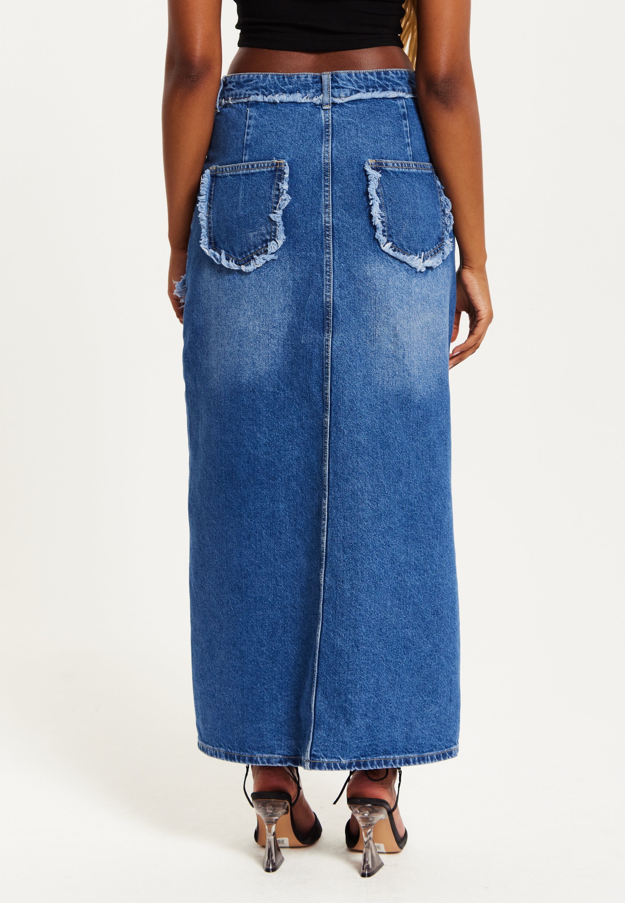 Women's Blue Wrap Front Maxi Denim Skirt with Slit Detail and Belt Loops - 100% Cotton by Liquorish