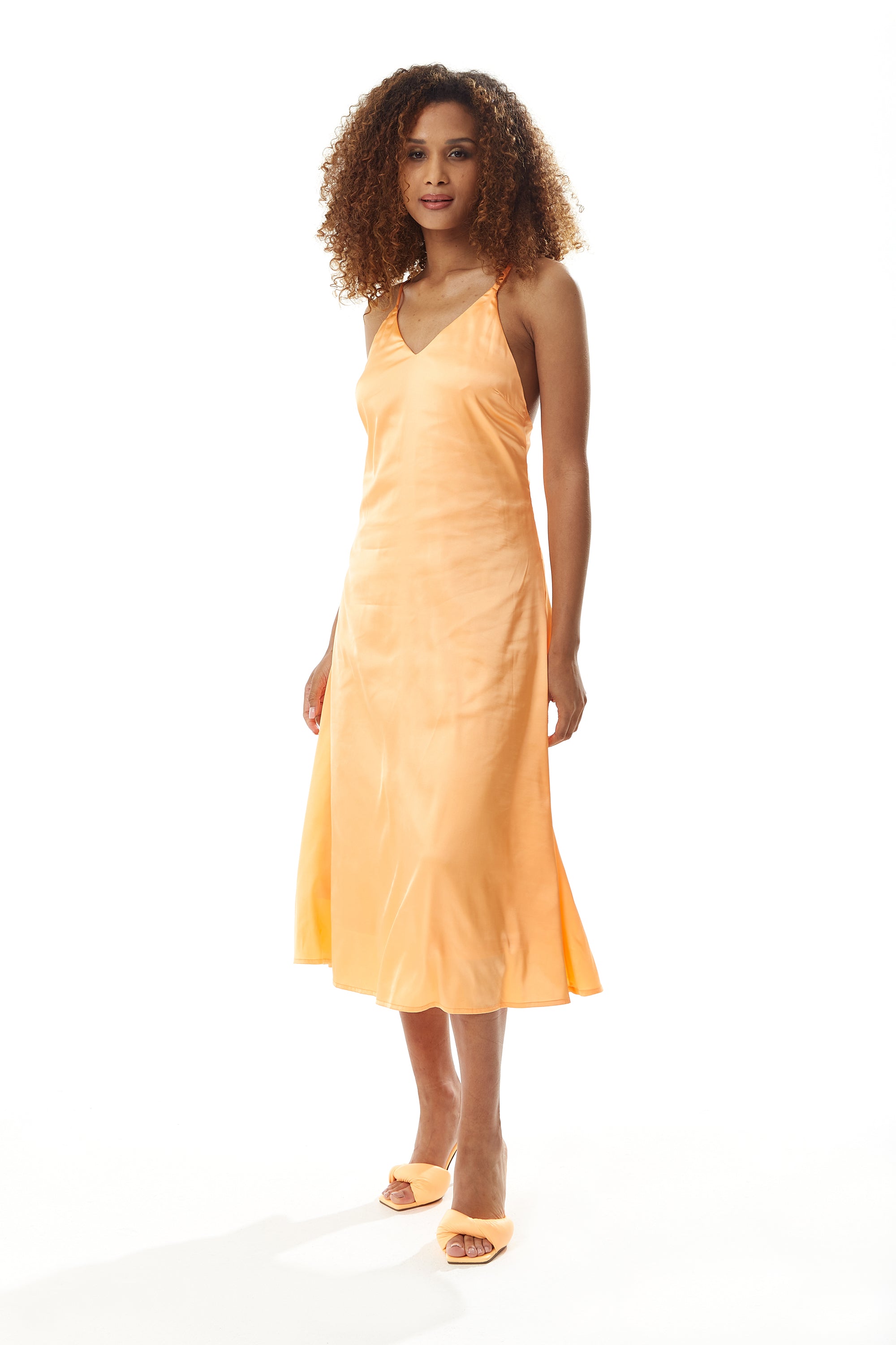 Women’s Midi Dress in Plain Orange with Cami Style and Deep V Neck, Adjustable Straps, Sleeveless - Liquorish