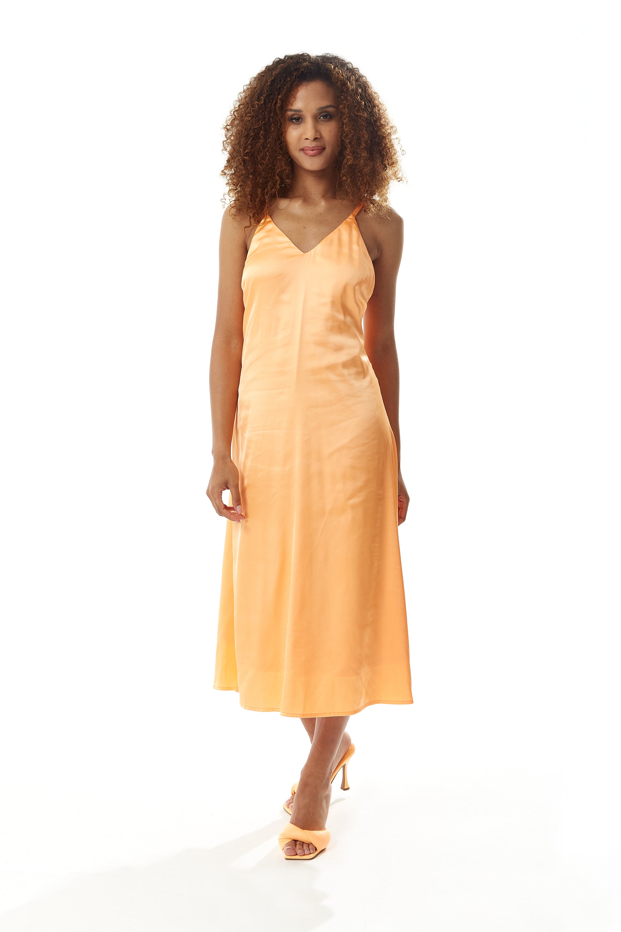 Women’s Midi Dress in Plain Orange with Cami Style and Deep V Neck, Adjustable Straps, Sleeveless - Liquorish