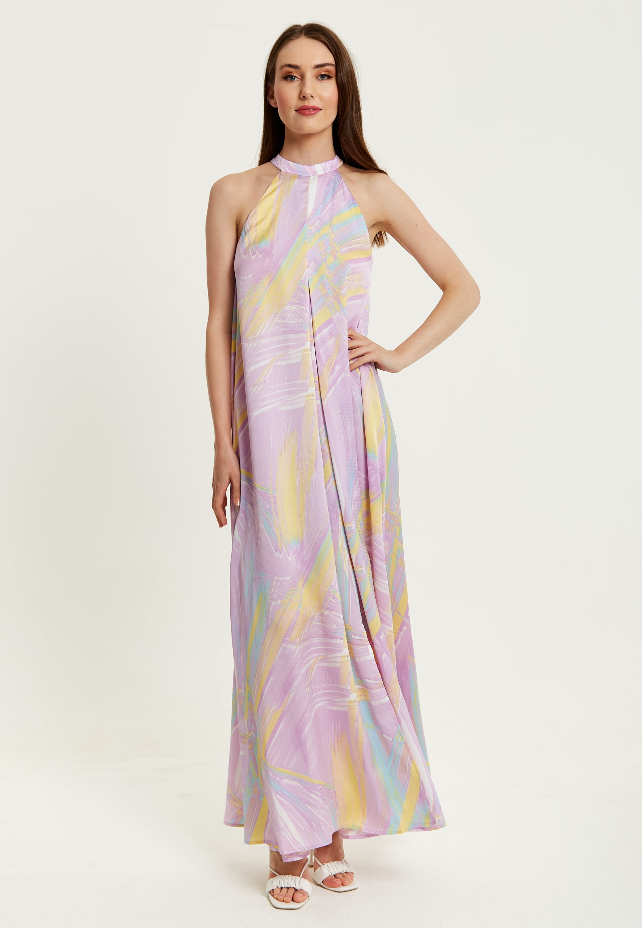 Women's Maxi Dress with High Neck and Front Slit in Lilac - Floaty Sleeveless Style by Liquorish
