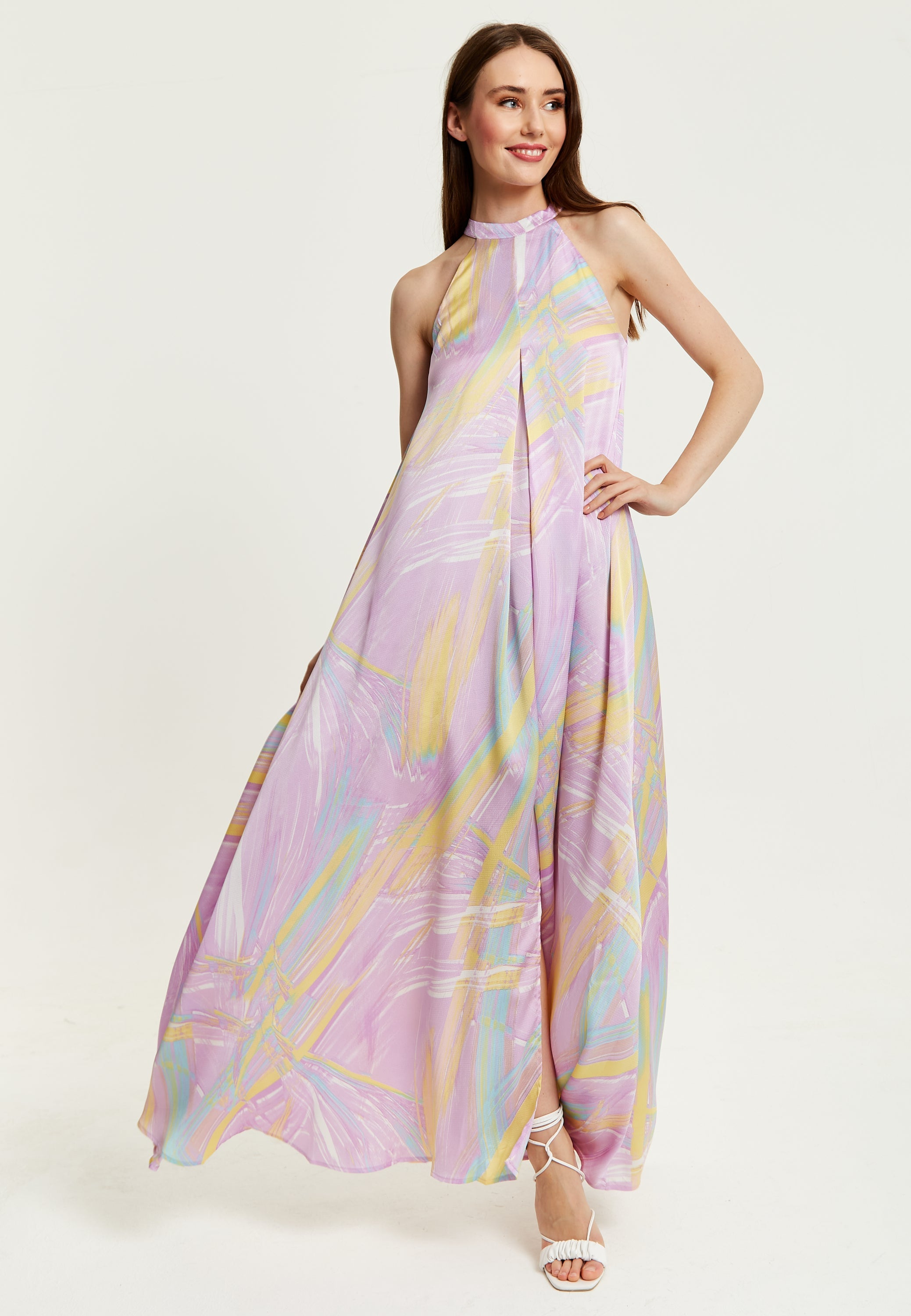 Women's Maxi Dress with High Neck and Front Slit in Lilac - Floaty Sleeveless Style by Liquorish