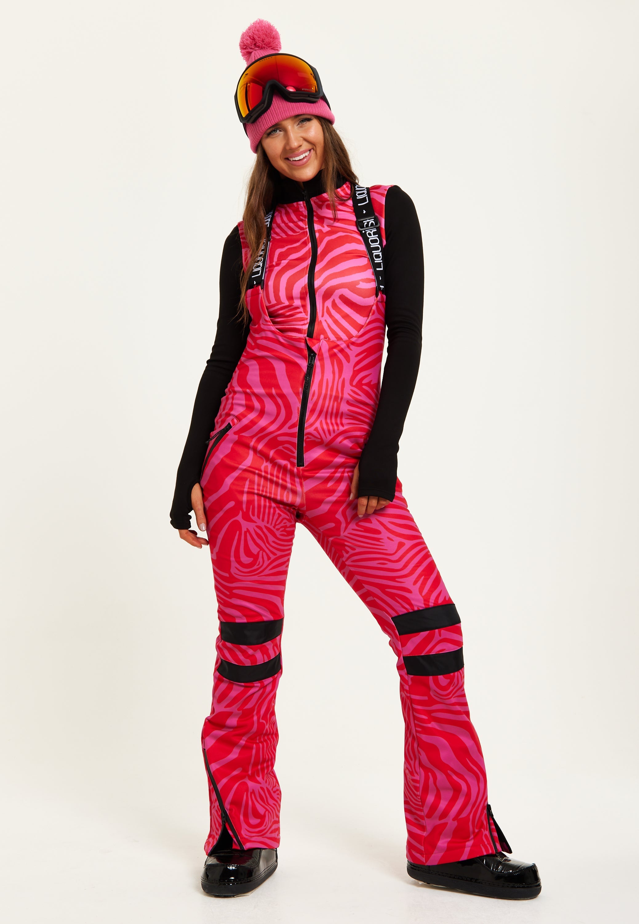 Women’s Ski Waterproof Salopette in Pink Zebra Print - Sleeveless, Adjustable Straps, Skinny Fit, Zip Fastening, Side Pockets