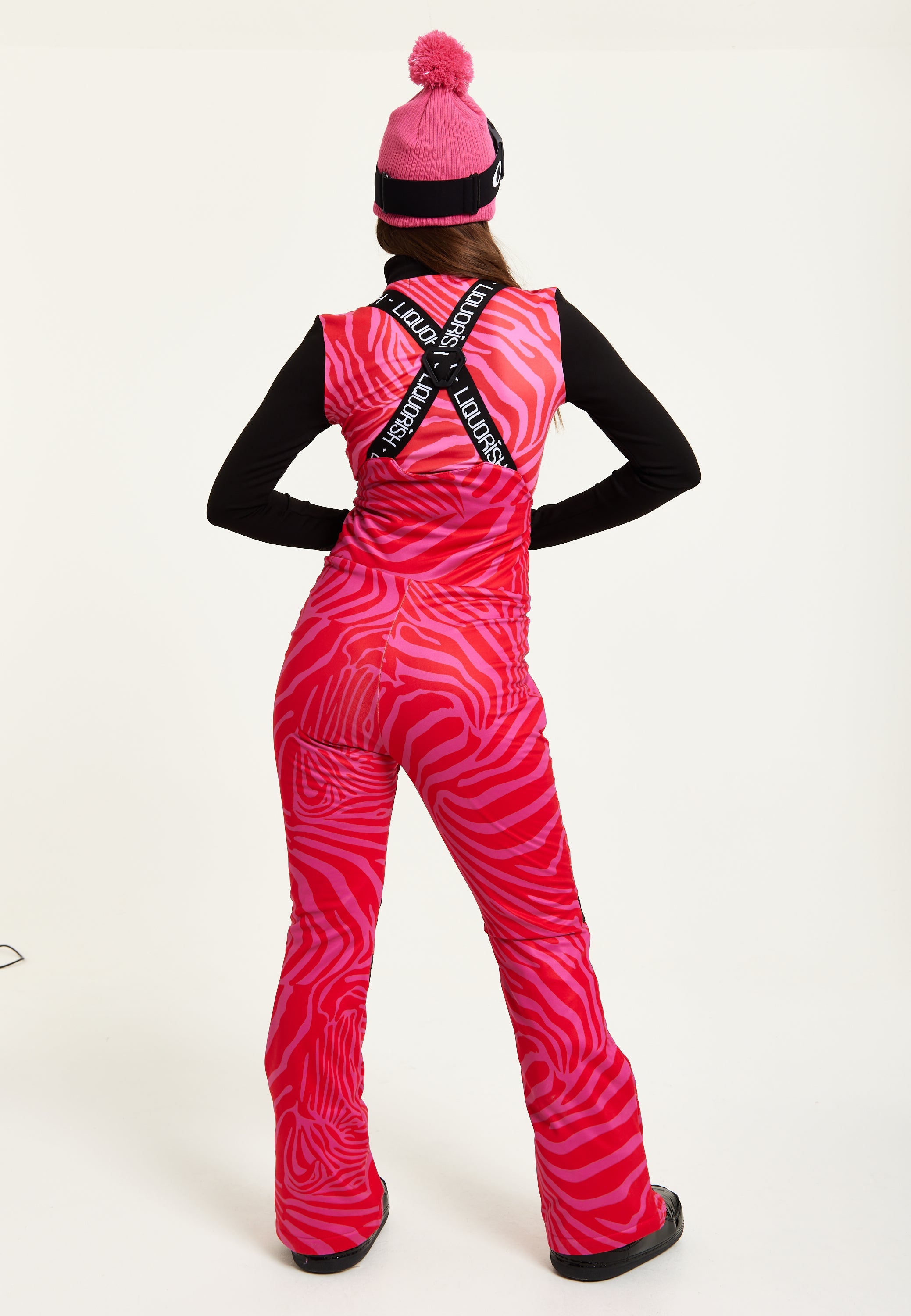 Women’s Ski Waterproof Salopette in Pink Zebra Print - Sleeveless, Adjustable Straps, Skinny Fit, Zip Fastening, Side Pockets
