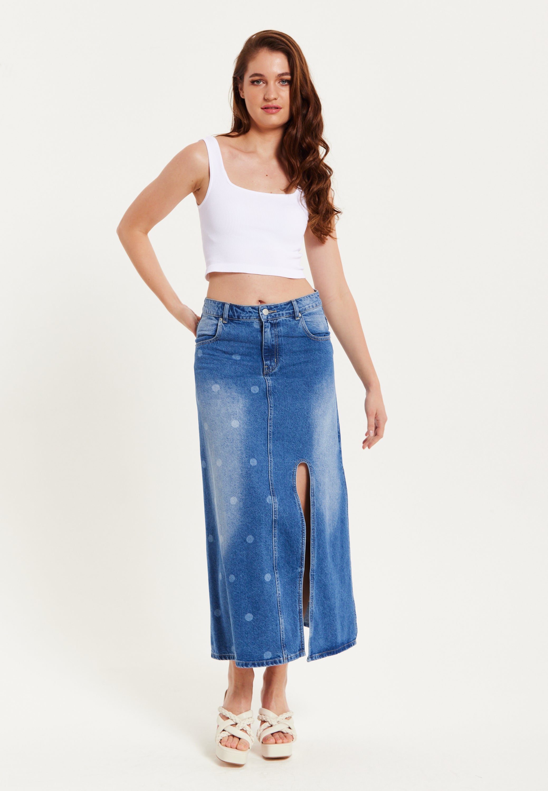 Women's Maxi Polka Dot Denim Skirt with Slit Detail and Belt Loops - 100% Cotton by Liquorish