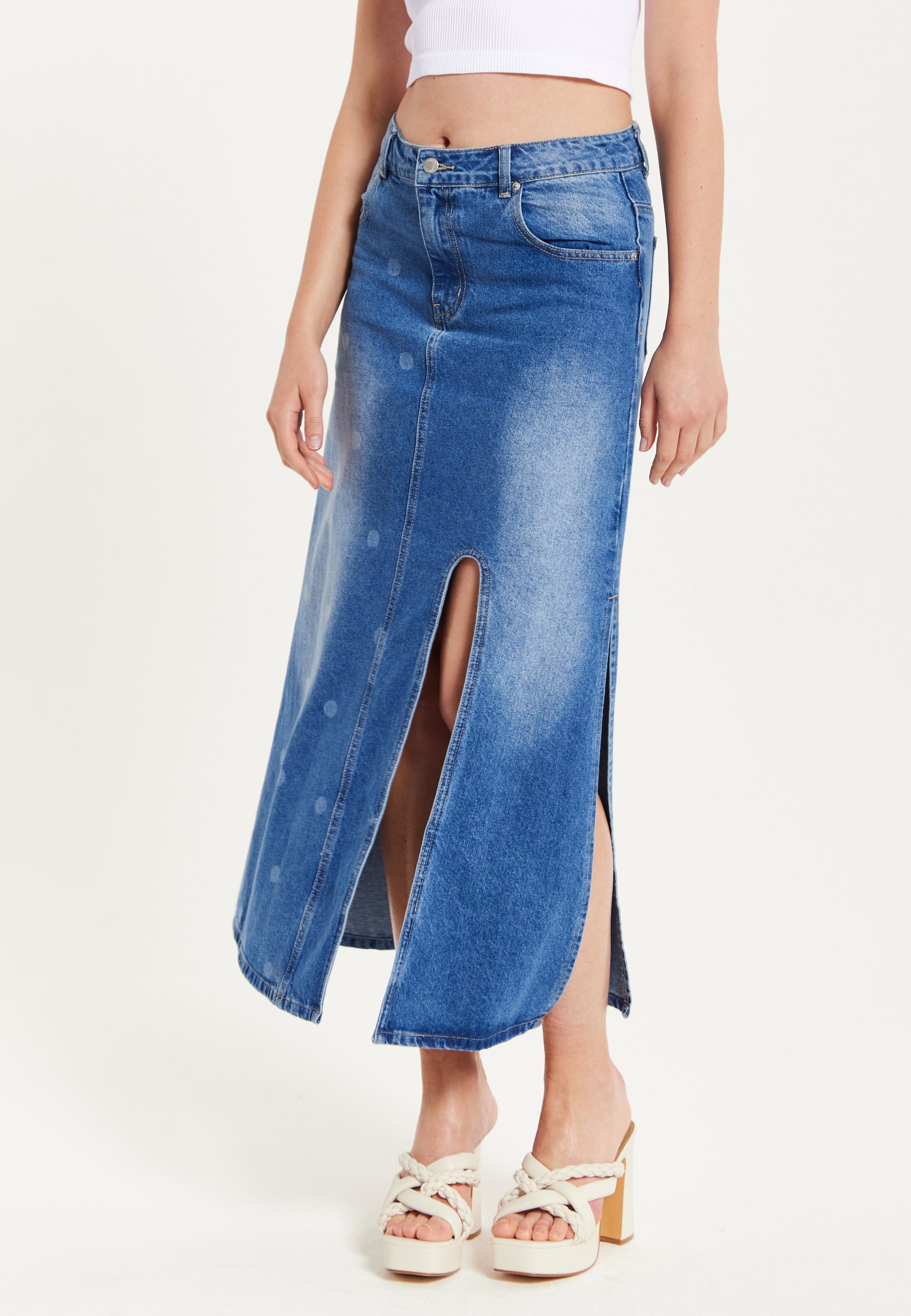 Women's Maxi Polka Dot Denim Skirt with Slit Detail and Belt Loops - 100% Cotton by Liquorish