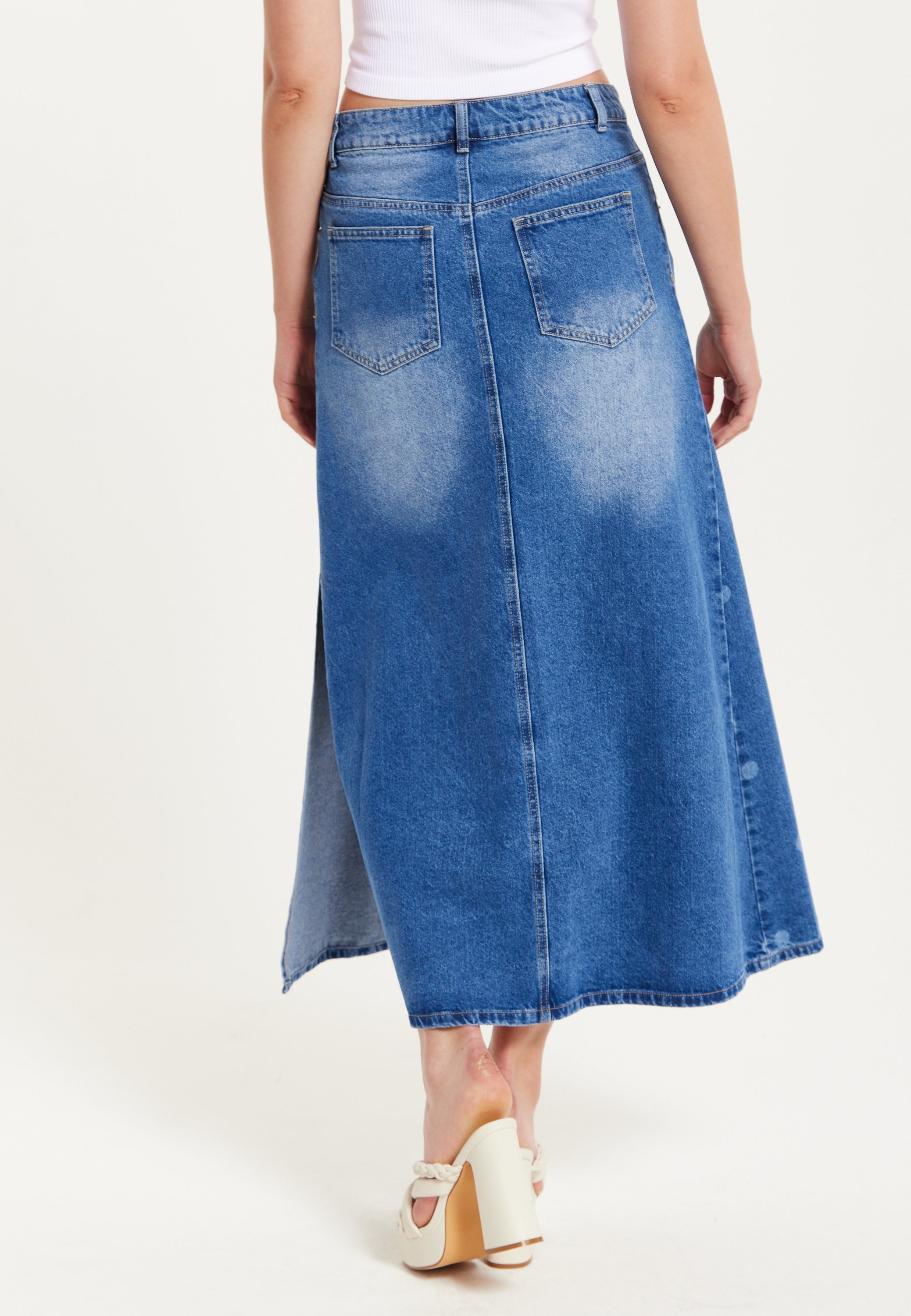 Women's Maxi Polka Dot Denim Skirt with Slit Detail and Belt Loops - 100% Cotton by Liquorish