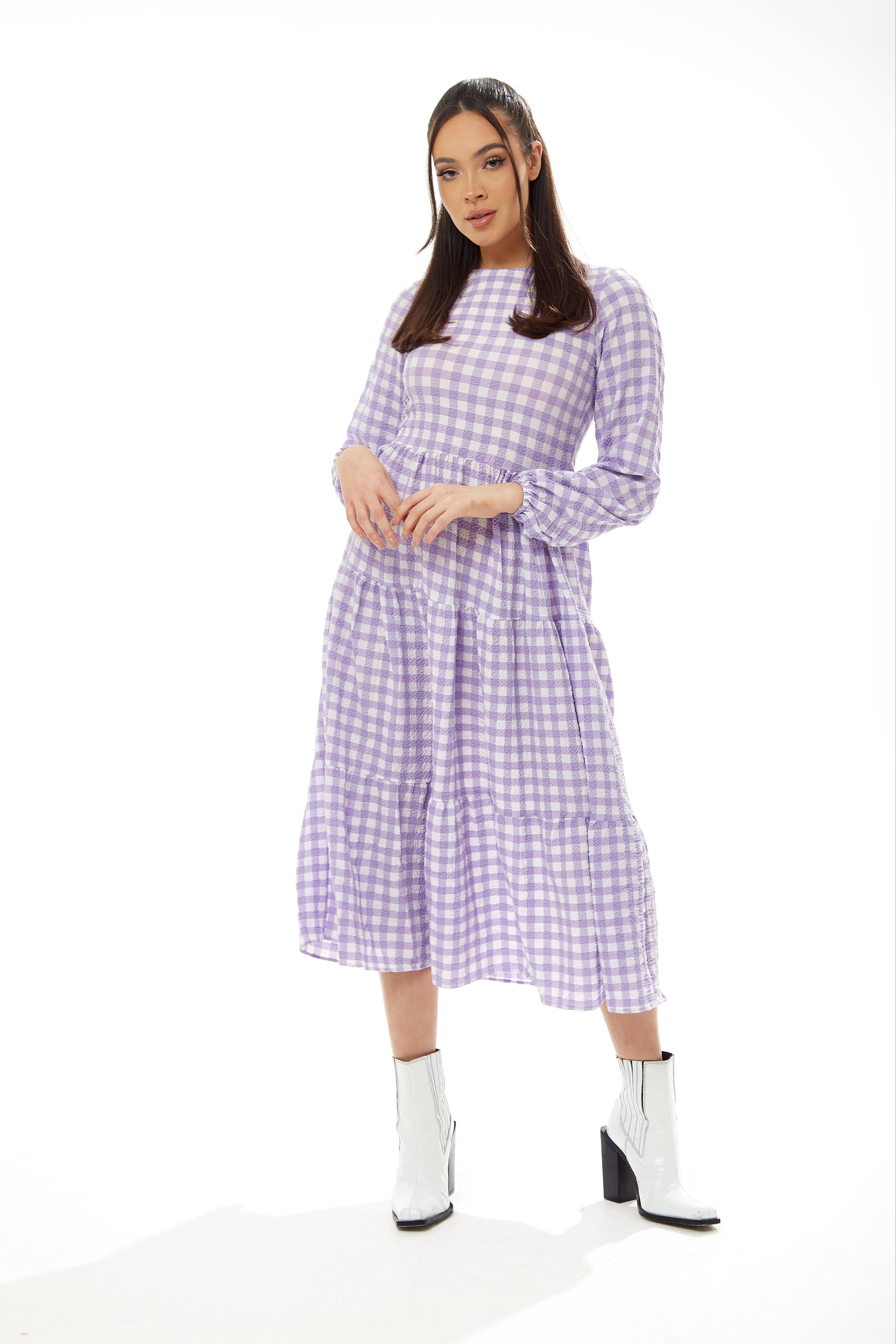 Women's Midi Dress in Lilac and White Gingham with Long Sleeves - Perfect for City Outings, Family Lunch, and the Pub - Liquorish