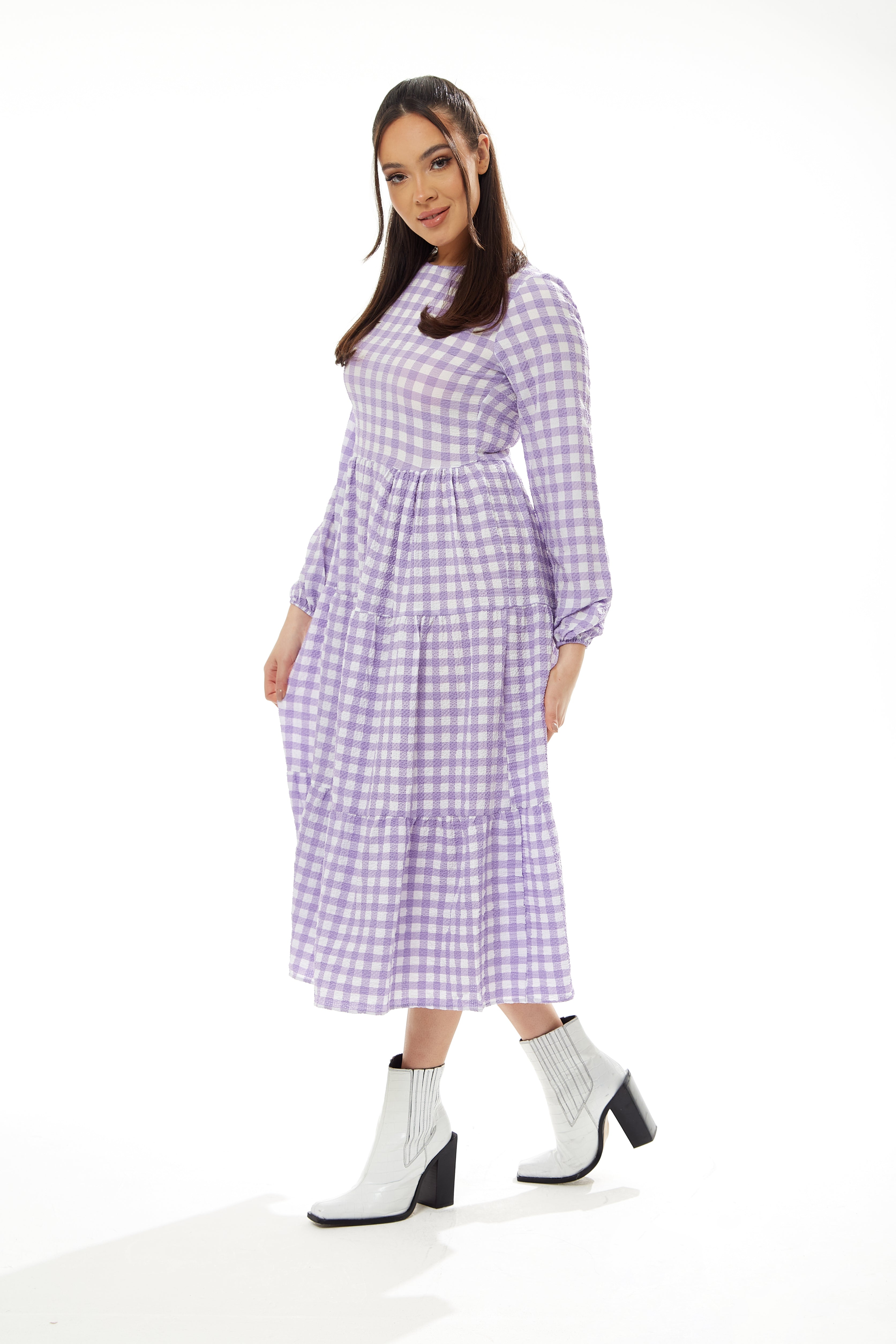 Women's Midi Dress in Lilac and White Gingham with Long Sleeves - Perfect for City Outings, Family Lunch, and the Pub - Liquorish