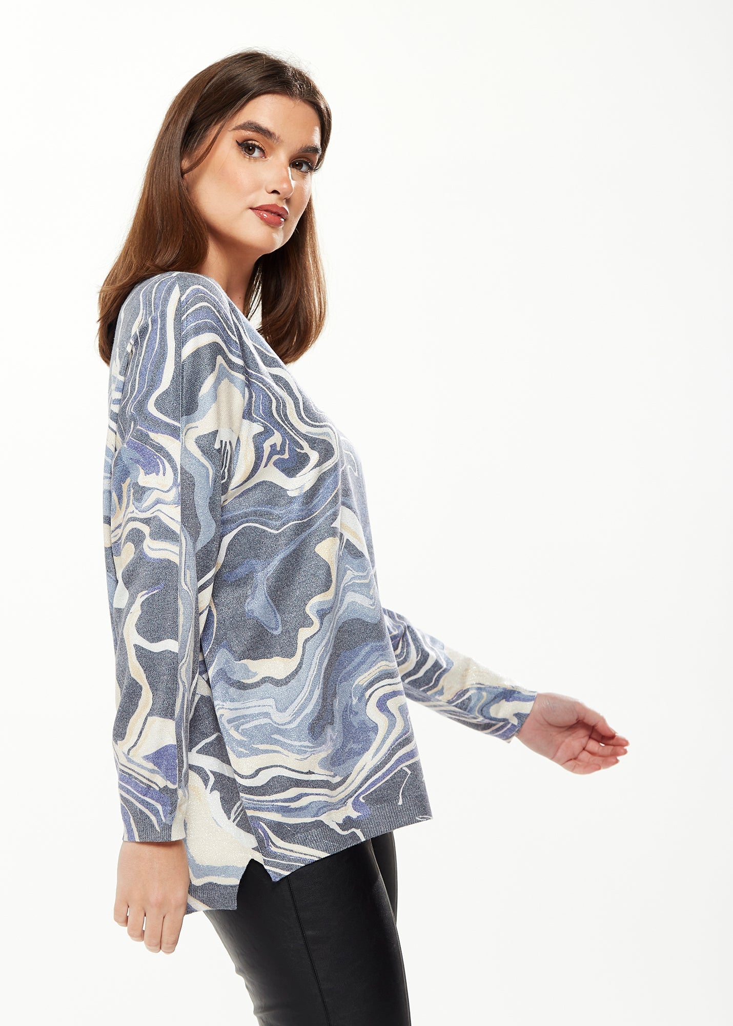 Women's Elegant Blue Marble Print V-neck Top with Full Length Sleeves for Stylish Versatility