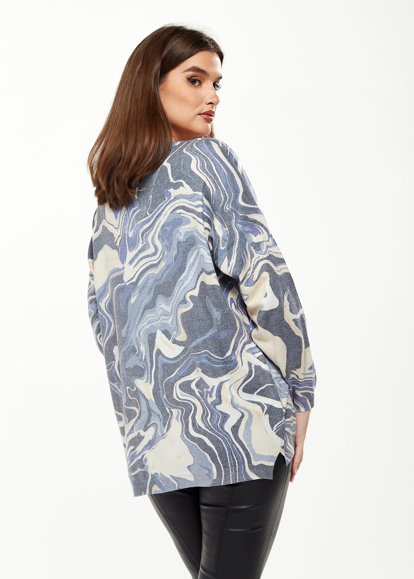 Women's Elegant Blue Marble Print V-neck Top with Full Length Sleeves for Stylish Versatility