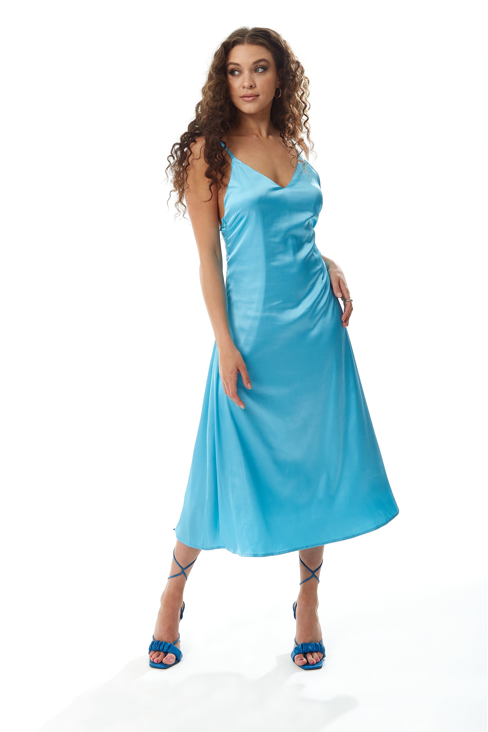 Women's Midi Dress in Blue Satin with Deep V Neck and Adjustable Straps - Liquorish