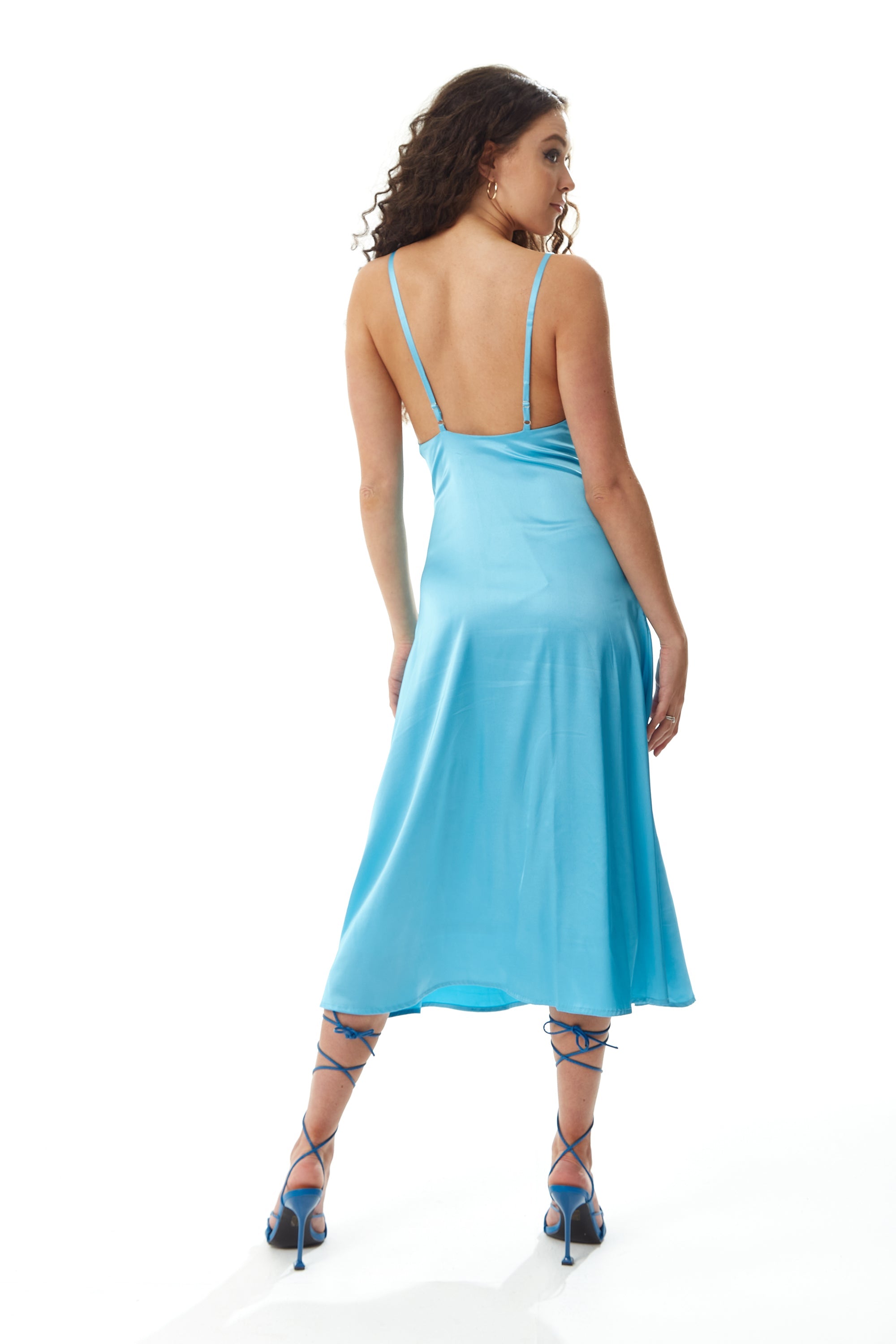 Women's Midi Dress in Blue Satin with Deep V Neck and Adjustable Straps - Liquorish