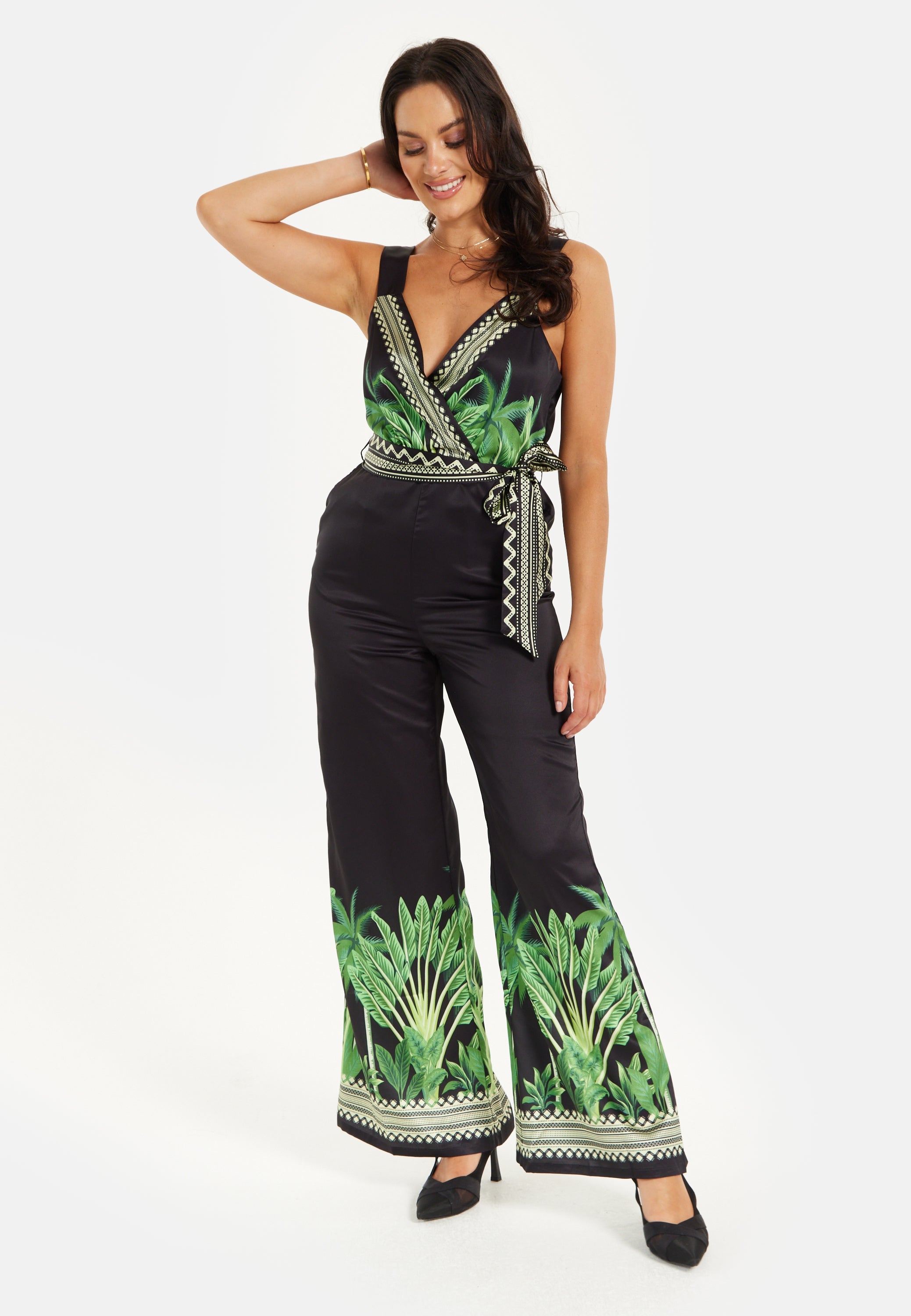 Women's V-neck Wide Leg Jumpsuit with Tie Waist in Leaf Print - Regular Fit, 100% Polyester - Liquorish