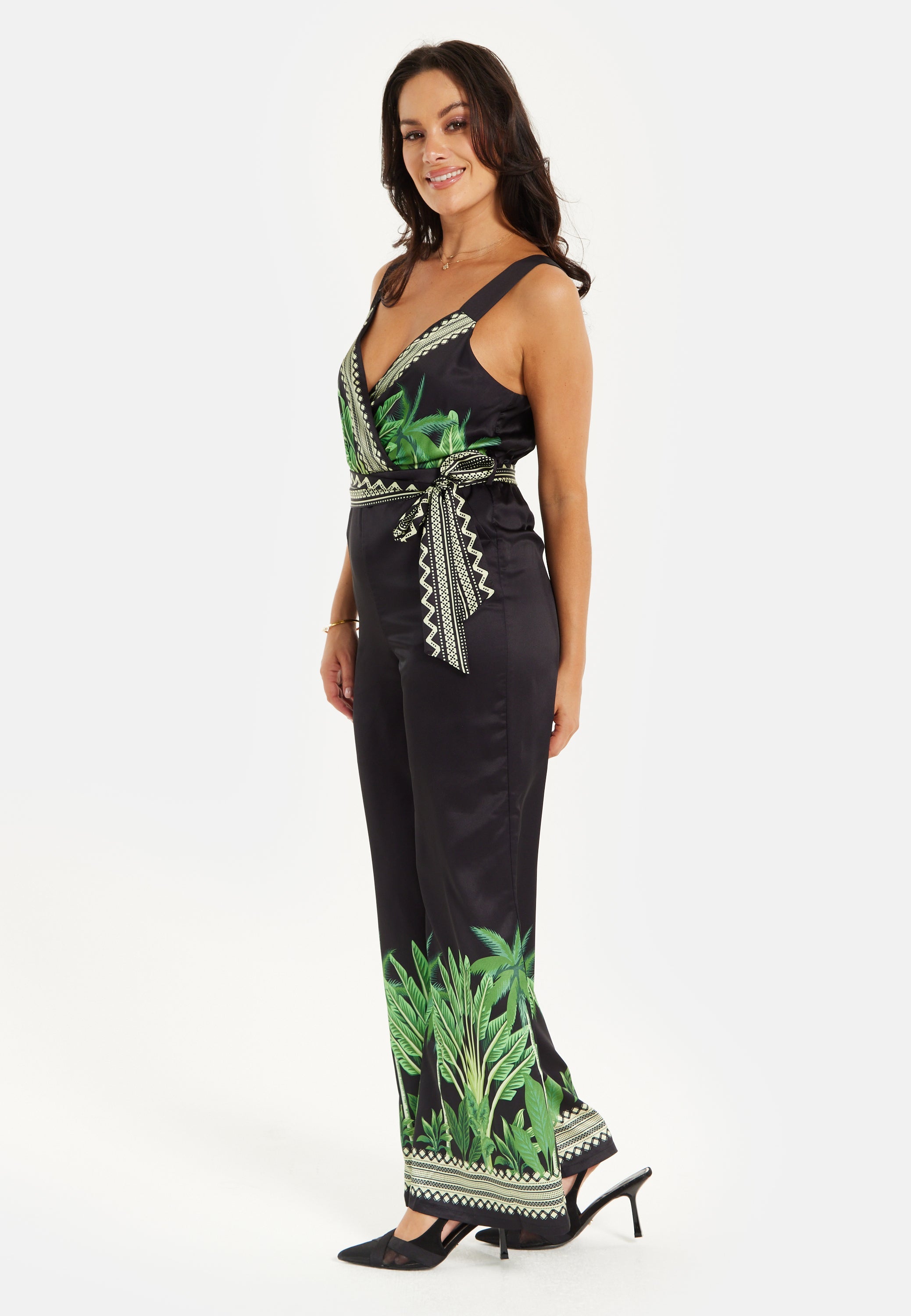 Women's V-neck Wide Leg Jumpsuit with Tie Waist in Leaf Print - Regular Fit, 100% Polyester - Liquorish