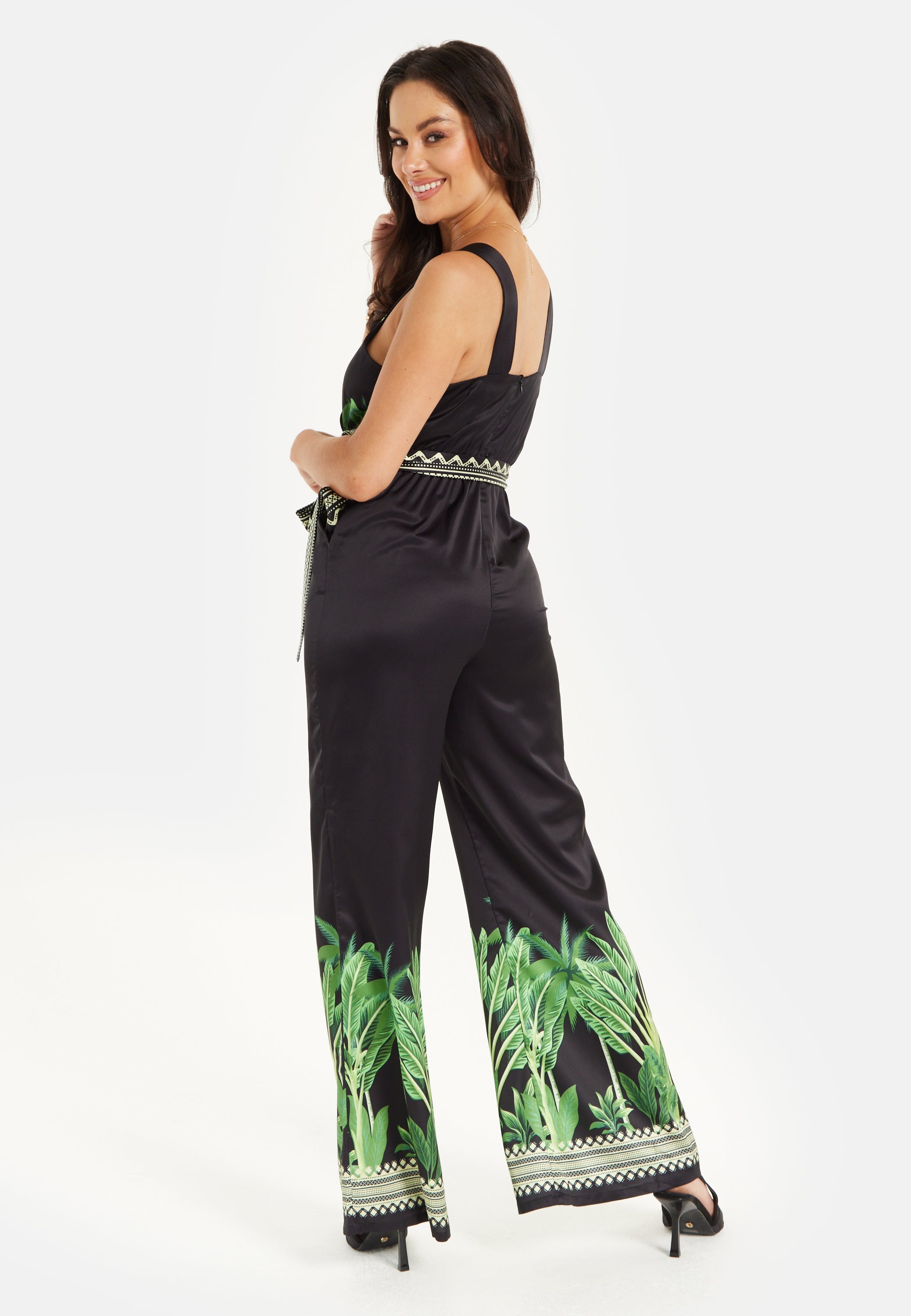 Women's V-neck Wide Leg Jumpsuit with Tie Waist in Leaf Print - Regular Fit, 100% Polyester - Liquorish