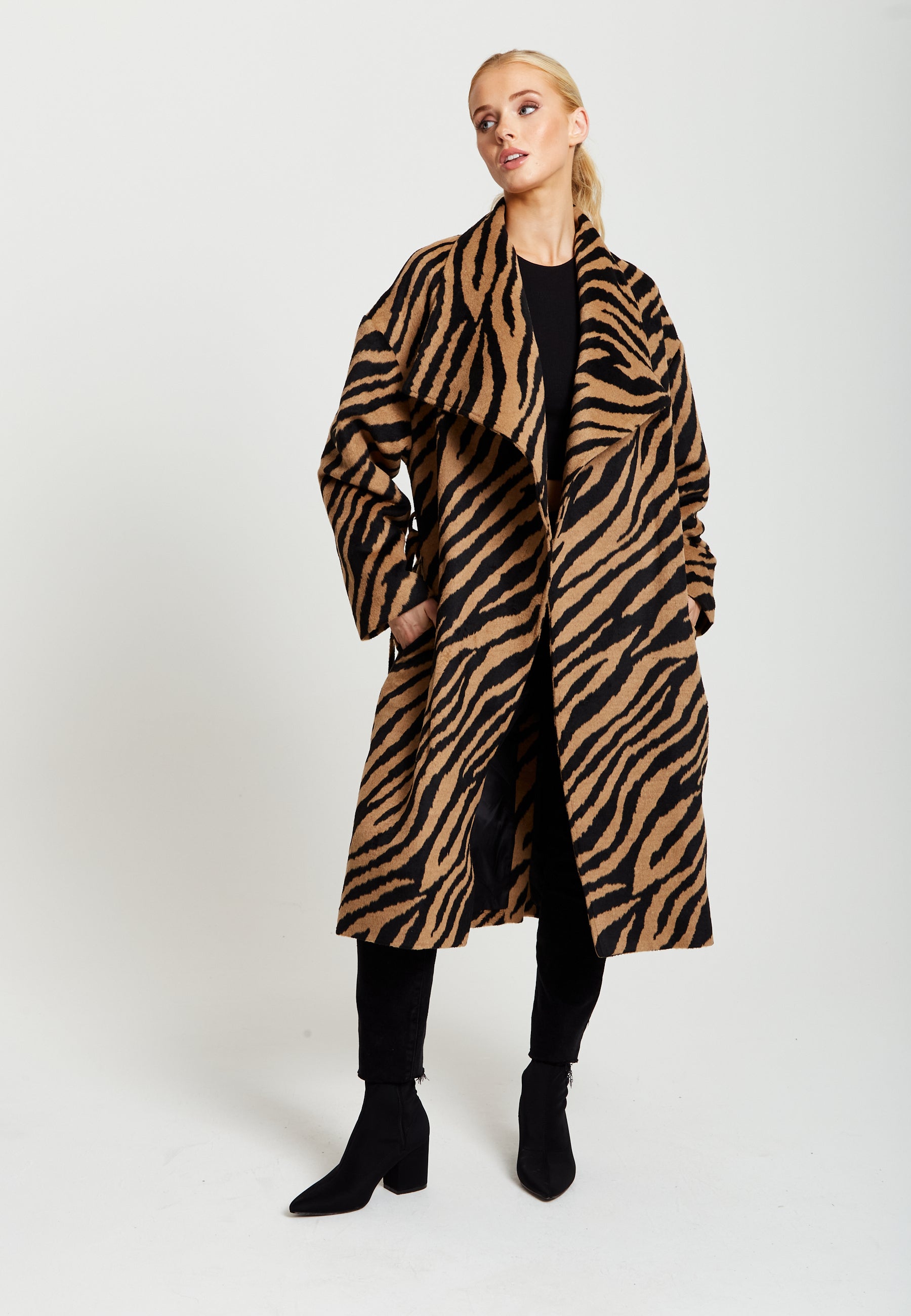 Women's Longline Zebra Print Coat in Brown & Black with Tie Waist and Side Pockets - Liquorish