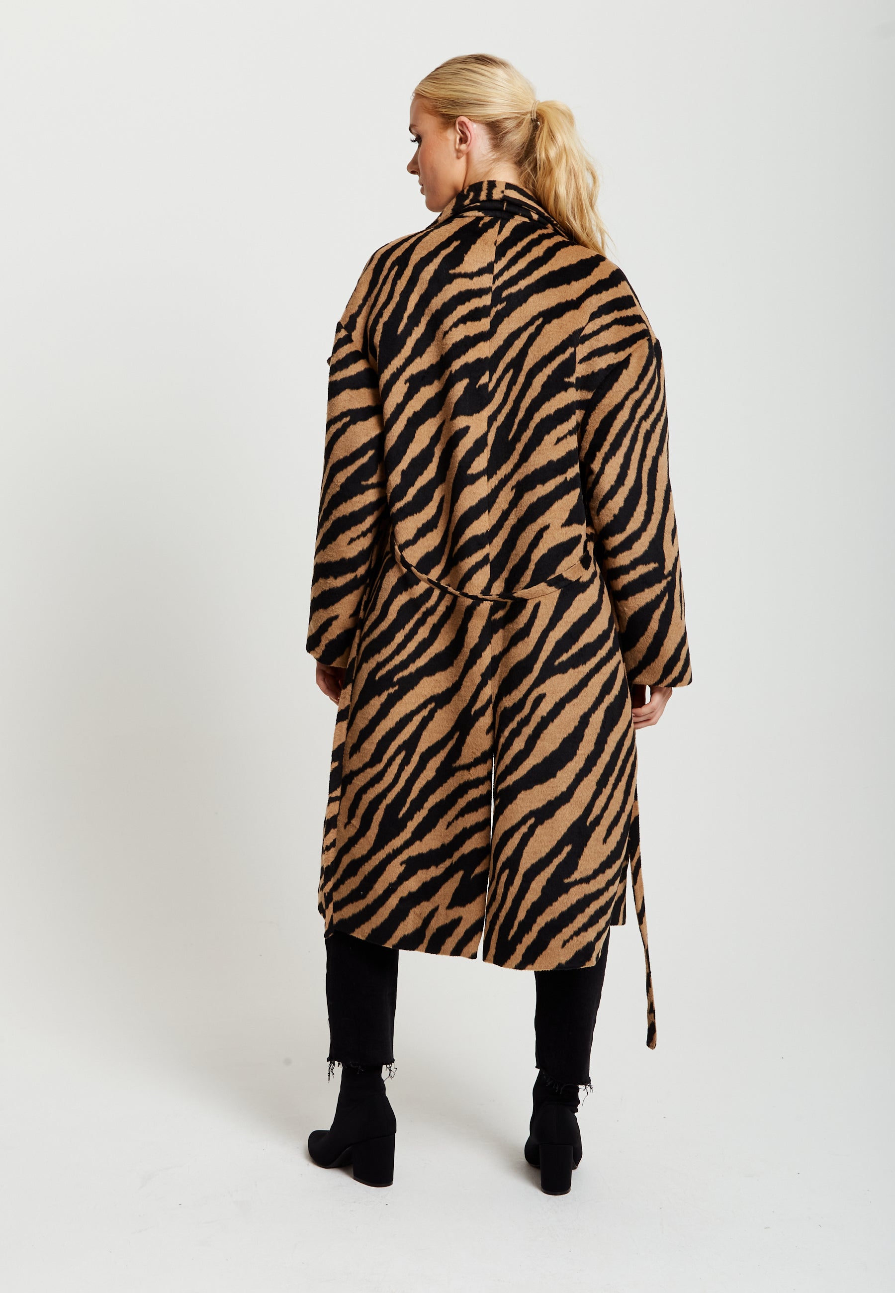 Women's Longline Zebra Print Coat in Brown & Black with Tie Waist and Side Pockets - Liquorish