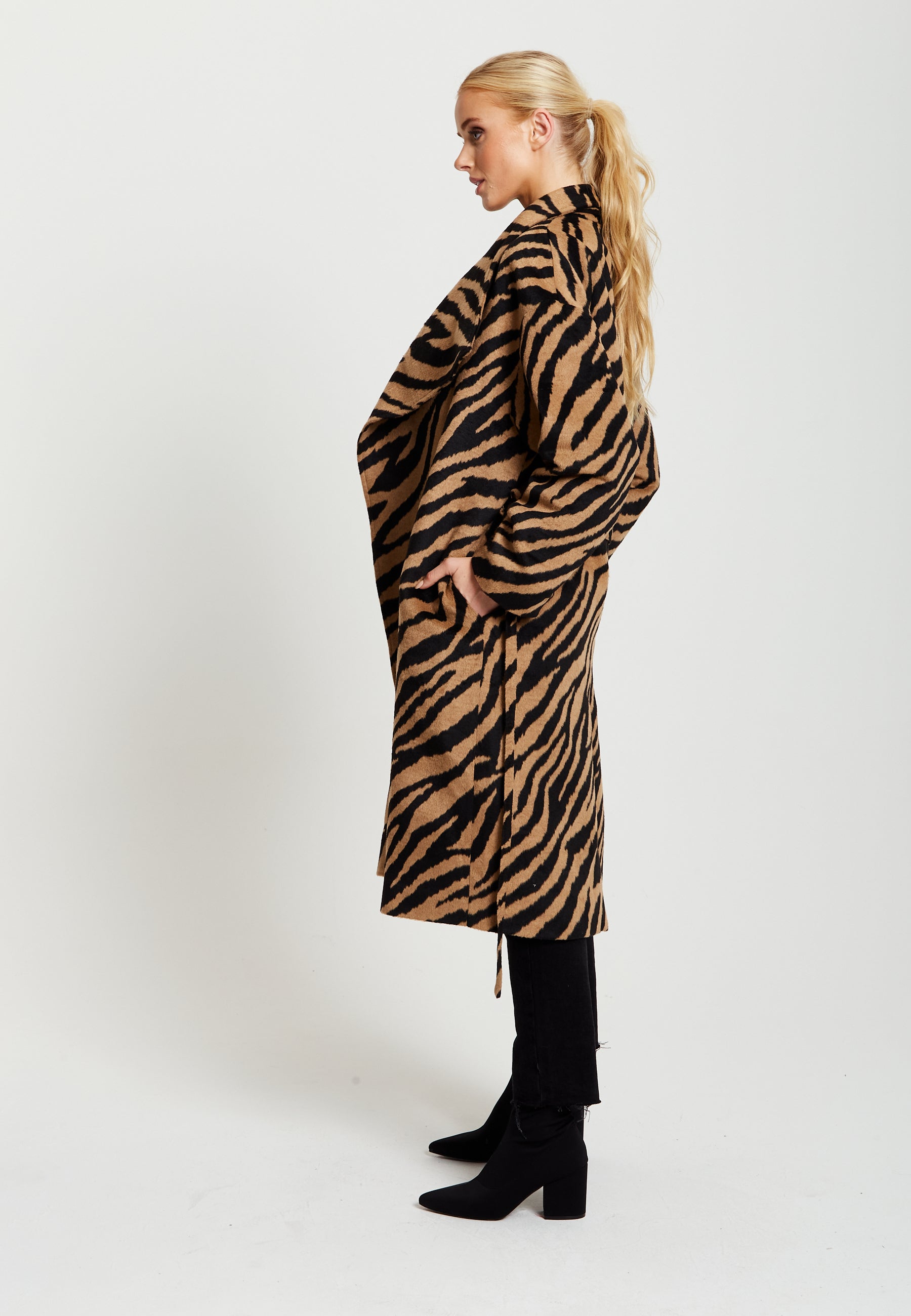 Women's Longline Zebra Print Coat in Brown & Black with Tie Waist and Side Pockets - Liquorish