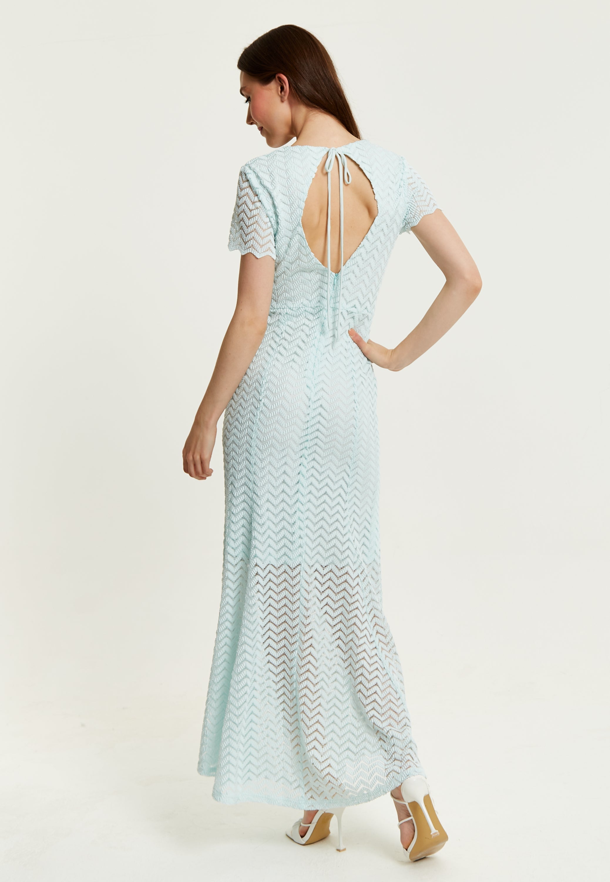 Women’s Maxi Dress in Light Blue with Short Sleeves and Open Back Detail by Liquorish