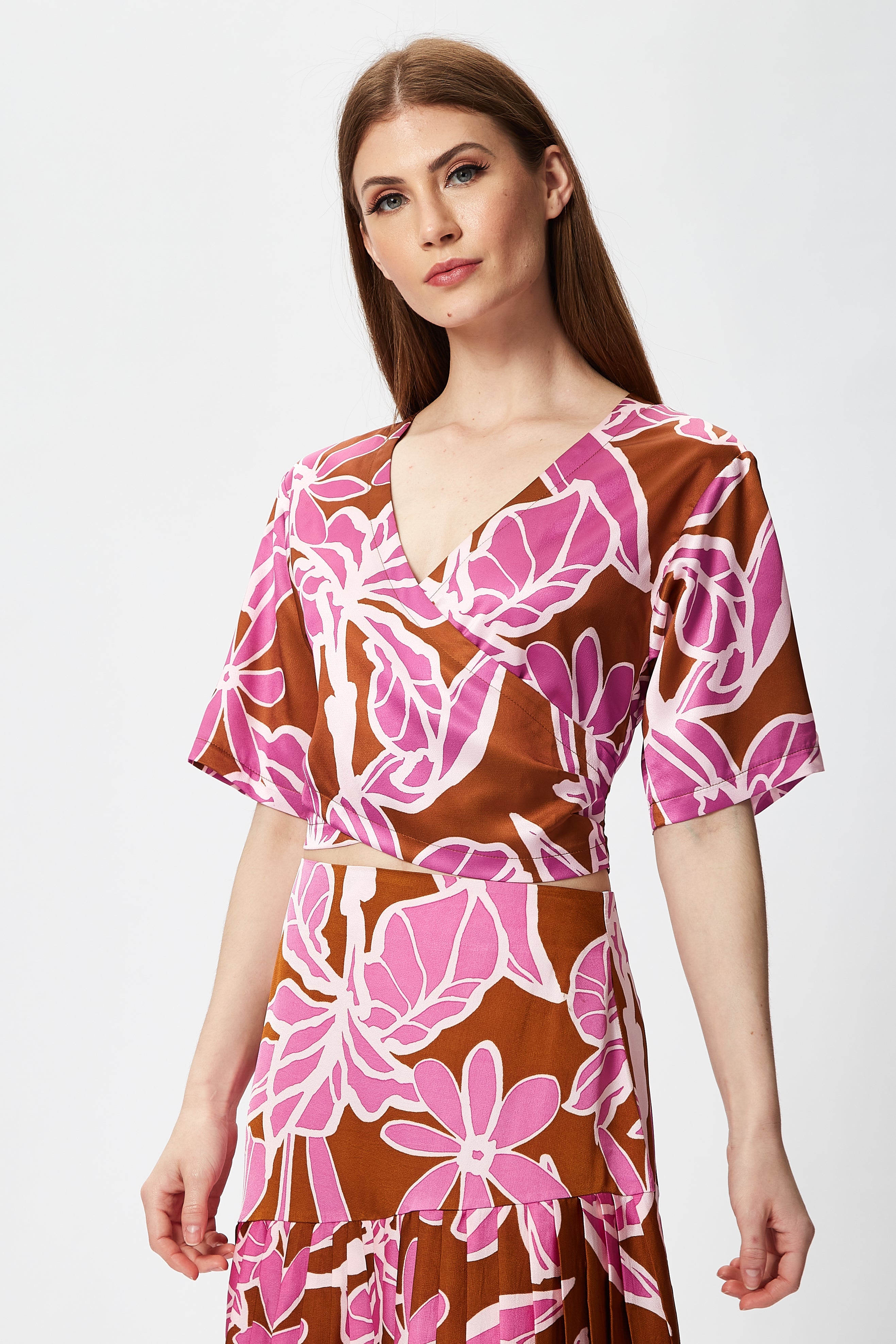 Women's Purple Floral Short Sleeve Top with Crossover Front and V Neck - Regular Fit, True to Size, 100% Polyester