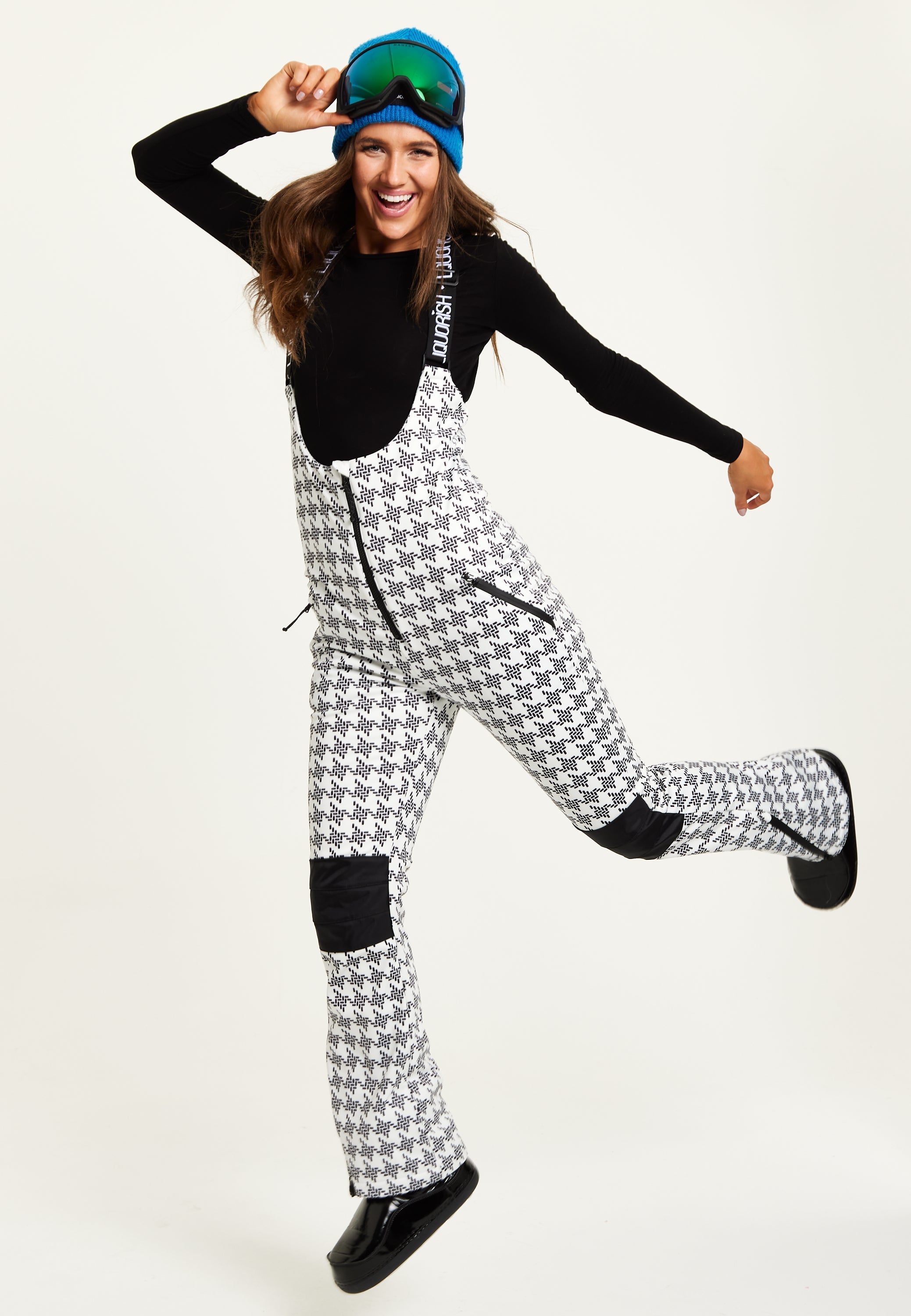 Women's Ski Waterproof Salopette In Mono Dogtooth Print - Sleeveless, Adjustable Straps, Skinny Fit, Zip Fastening, Side Pockets