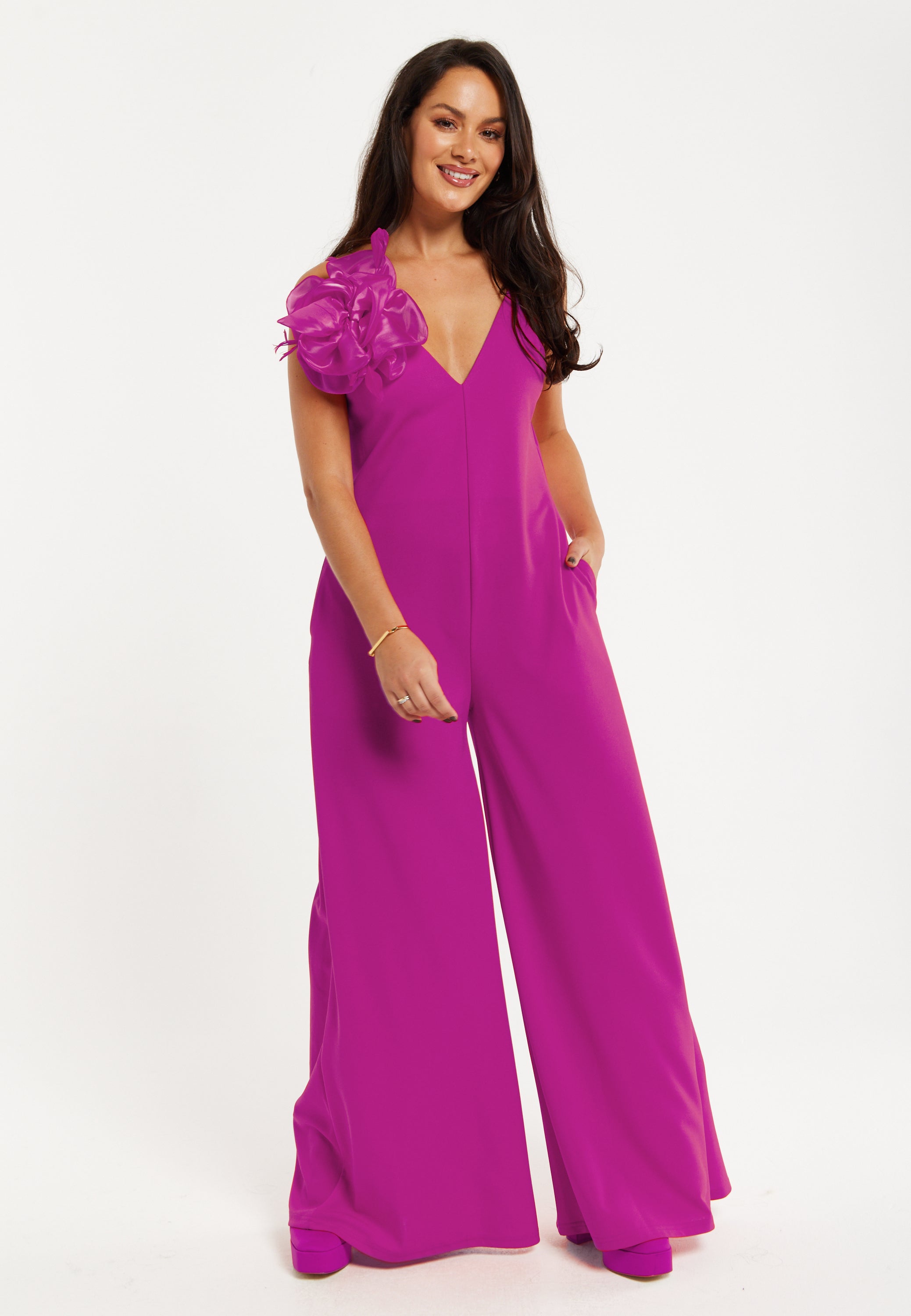 Women's Fuchsia Wide-Leg Jumpsuit with Floral Applique & Deep V-Neck, Side Pockets - Liquorish