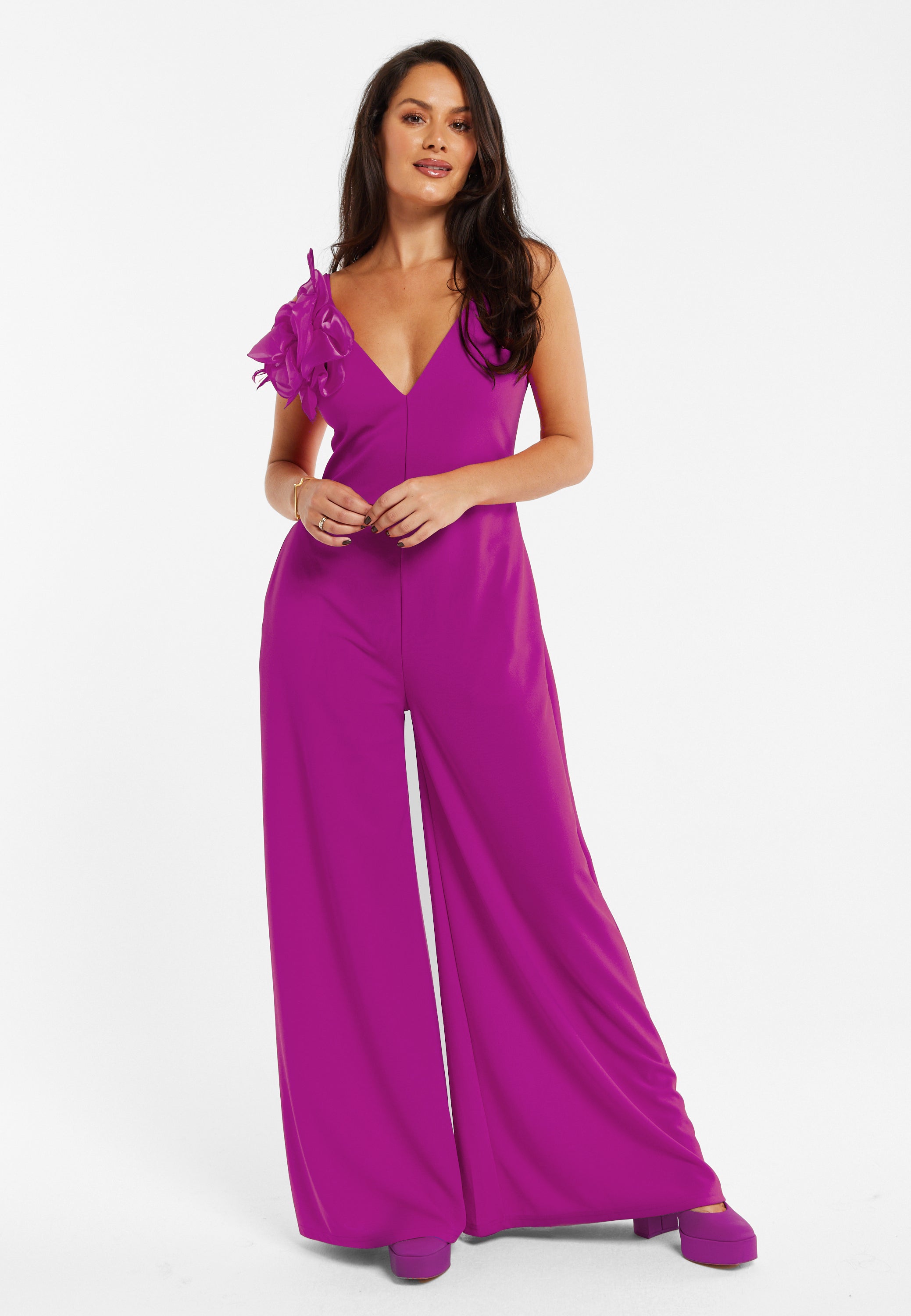 Women's Fuchsia Wide-Leg Jumpsuit with Floral Applique & Deep V-Neck, Side Pockets - Liquorish