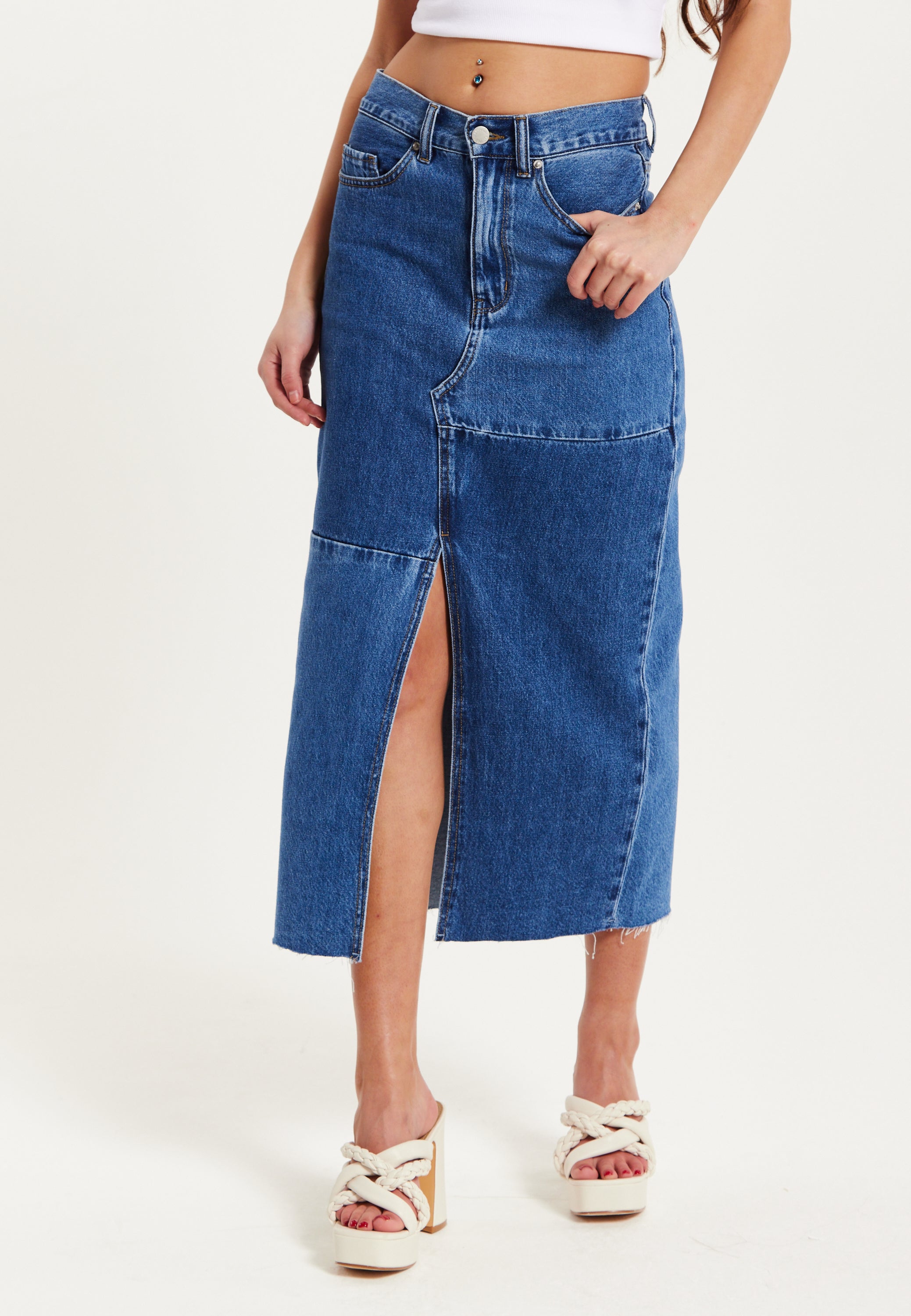 Women's Blue Slit Front Midi Skirt with Belt Loops - 100% Cotton, Stylish & Comfortable by Liquorish